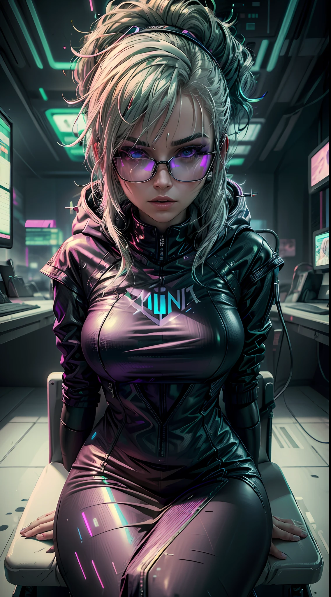 ((Best Quality)), ((Masterpiece)), (Very detailed: 1.3), 3D, NeonNoir, beautiful cyberpunk woman, (wearing thick and high-tech holographic glasses: 1.2), wearing a cape, hacking into a computer terminal, purple neon on the monitor, green neon sign on the wall, (((short white hair: 1.1))), (queen \\ (cold expression \\), sitting in a chair