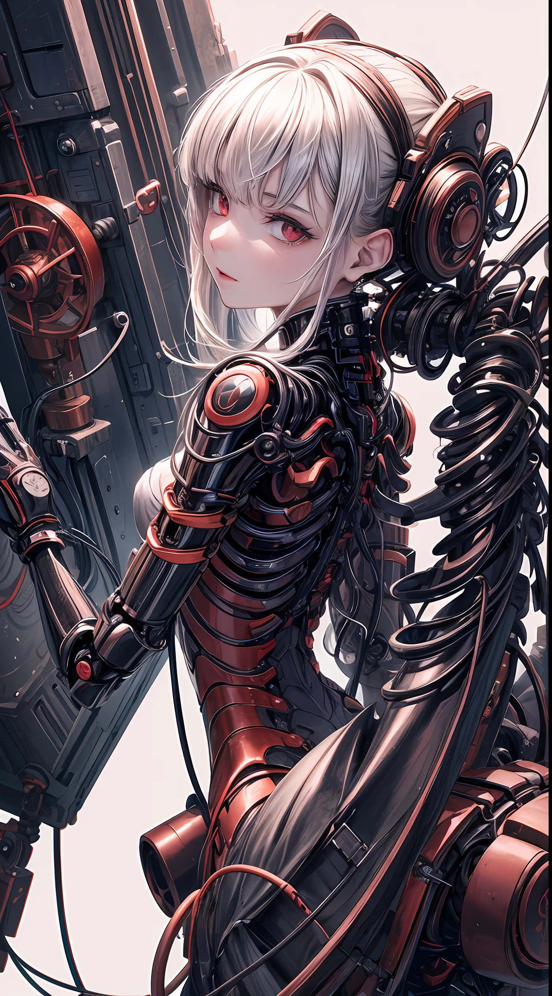 (((Masterpiece))), ((Best Quality)), (Super Detail), (CG Illustration), (Very Evil and Beautiful)), Cinematic Light, ((1 Mechanical Girl)), Single, (Mechanical Art: 1.4), ((Mechanical limb)), (Blood vessel attached to a tube), ((Mechanical spine attached to the back)), ((Mechanical cervical vertebrae attached to the neck), (Back to the viewer)), expressionless, ( Wires and cables attached to the head and body: 1.5), Science Fiction, Apocalypse, Ruins, (Lower Body Integrated with Mechanical Devices), (Blood: 1.5), Cruelty, Absurdity, Eroticism, Fusion with Machines, Doomsday Time, Super Future, Inorganic, Laboratory, Restraint, (Beautiful Indulgence: 1.2), (1 Girl: 1.3), Body Wrapped Around Mechanical Tentacles