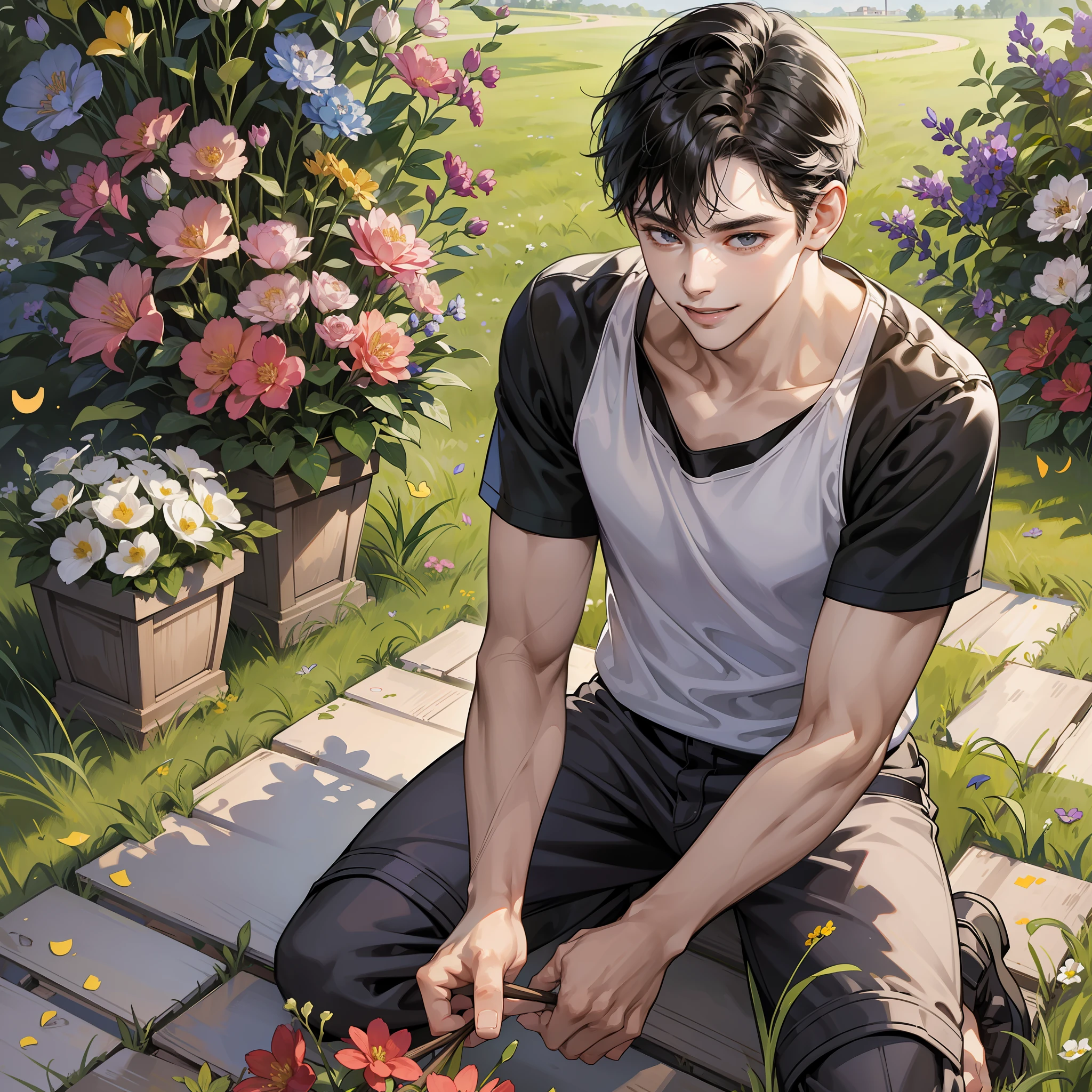 Masterpiece, high quality, best quality, HD, realistic, perfect lighting, detailed face, detailed body, 1 man, short black hair, white T-shirt, (smile emoji: 1.5) (happy face: 1.5), kneeling on one knee, holding a bouquet of flowers, on the lawn, downstairs in the dormitory