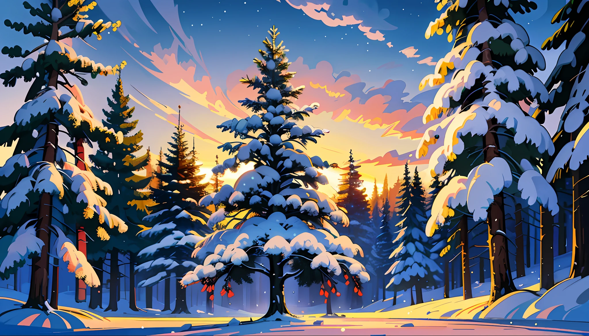 a spruce tree in a winter landscape, t-shirt design, rzminjourney, vector art, masterpieces, HD, high quality, best quality, highres, high quality, high details, masterpiece, anime style