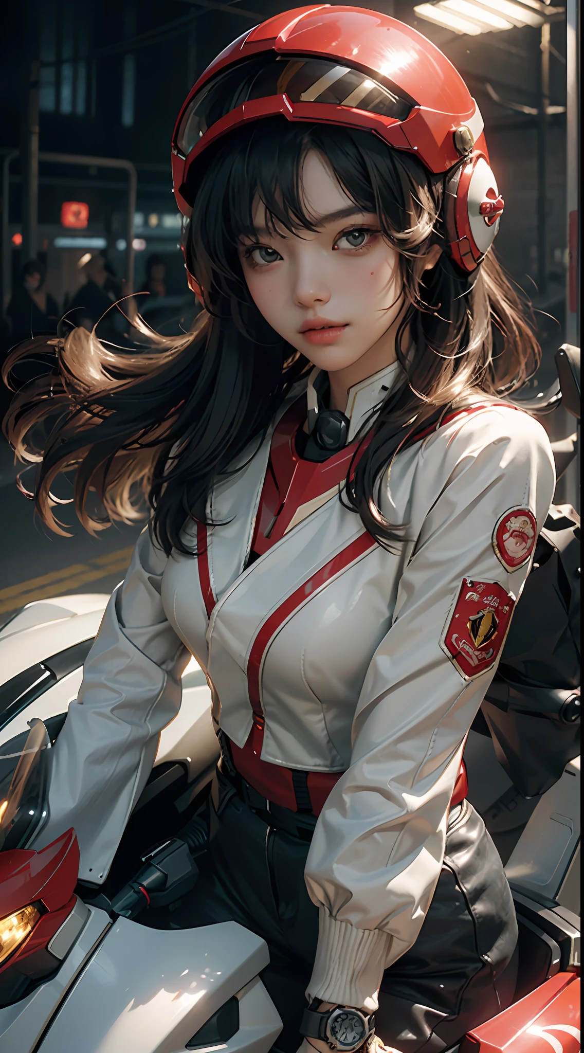 Highest quality, outstanding details, ultra-high resolution, (fidelity: 1.4), the best illustrations, favor details, highly condensed 1girl, with a delicate and beautiful face, wearing a bright red mecha, wearing a mecha helmet, holding a direction controller, riding on a motorcycle, the background is a high-tech lighting scene of the future city.