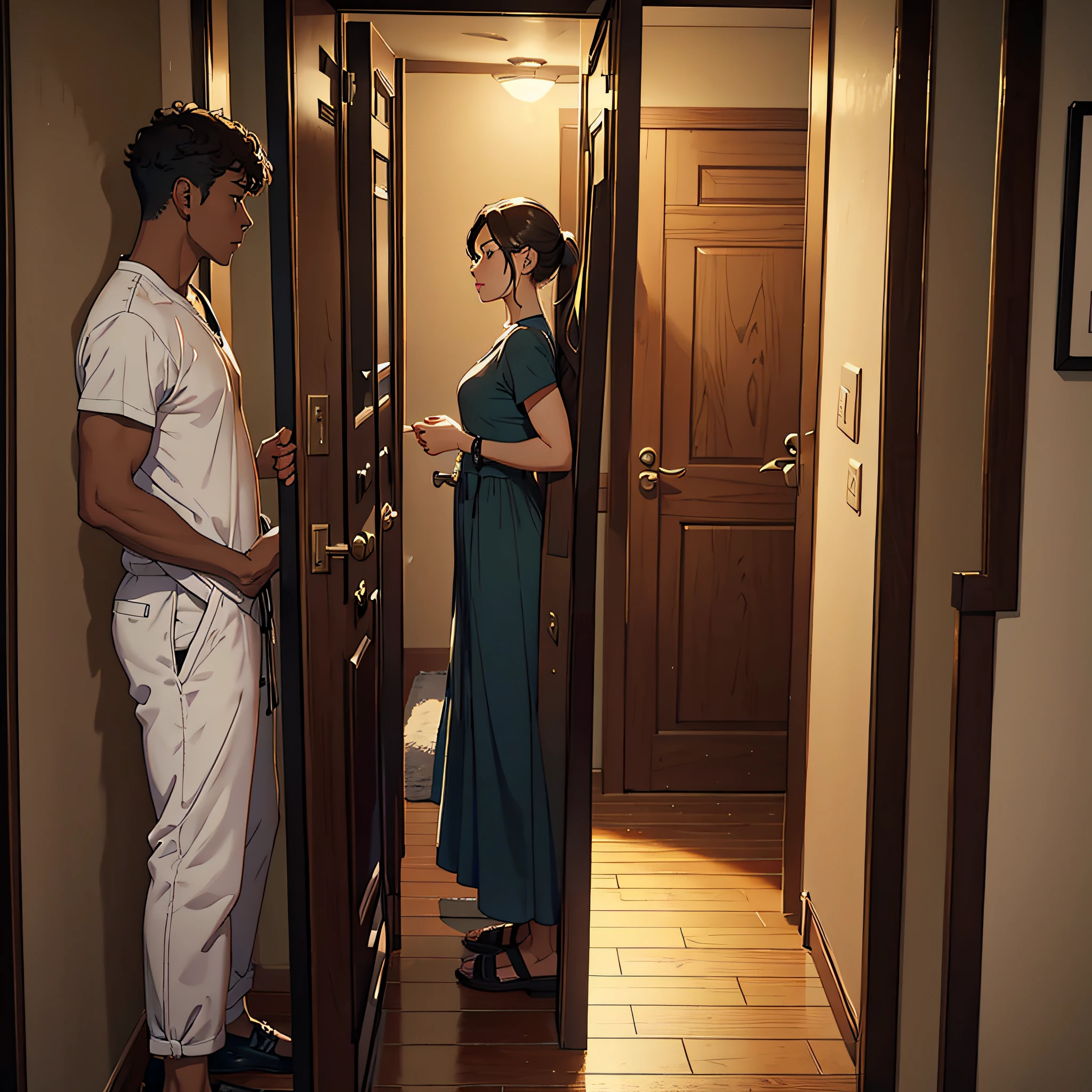 A man, in the bedroom doorway, opposite a woman, woman with a pointed nose, small eyes, best picture quality, 8K, CG, detailed facial depiction