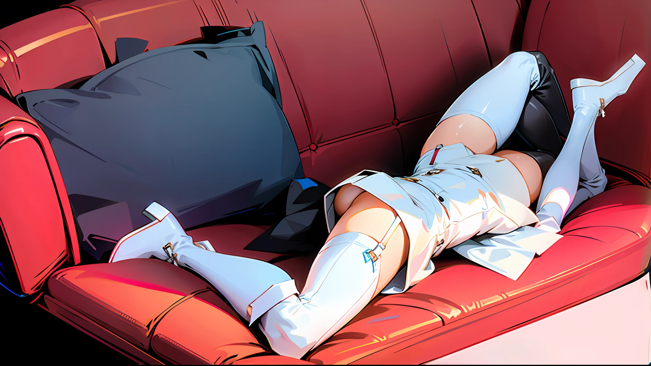 The woman was wearing a white suspender, a color miniskirt, and high boots, lying on the sofa, full body photo