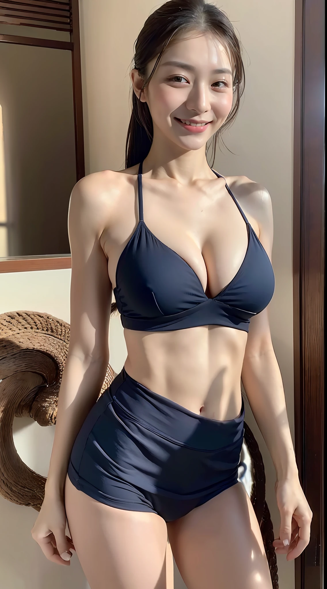 ((top quality, 8k, masterpiece: 1.3)), 1 girl, beauty with slim abs: 1.3, (casual hairstyle, big: 1.2), gym, micro bikini: 1.2, ultra detail face, delicate eyes, double eyelids, soft breasts, smile, exposed cleavage