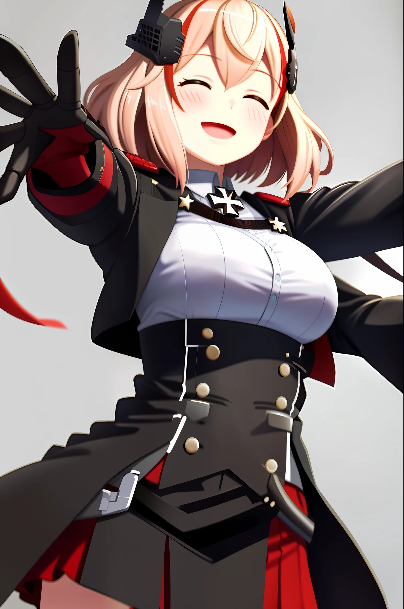 masterpiece, best quality, RoonV4, 1girl, solo, blush, smile, open mouth, simple background, shirt, long sleeves, white background, jacket, closed eyes, upper body, heart, black jacket, headgear, outstretched arms, cross, reaching towards viewer, iron cross