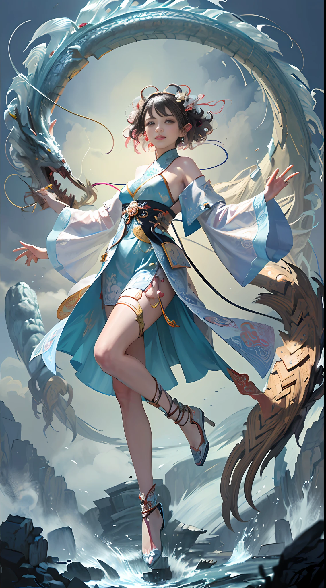 Official Art, Unified 8K Wallpapers, Ultra Detailed, Beautiful and Aesthetic, Masterpiece, Best Quality, (Zentangle, Tangle, Entangle), (fractal art: 1.4), (character center: 1.3), 1girl, black hair, Chinese, off-the-shoulders, short skirt, calf, navel, very detailed, dynamic angle, cowboyshot, (most beautiful form of chaos), ethereal, (bright colors), oc, (half: 1.2), china, (thangka flying sky: 1.5), (ribbon: 1.3), (dream: 1.5), (hanfu: 1.5), Chinese dragon, Chinese phoenix, (smile: 0.5), ( Chinese deities),
