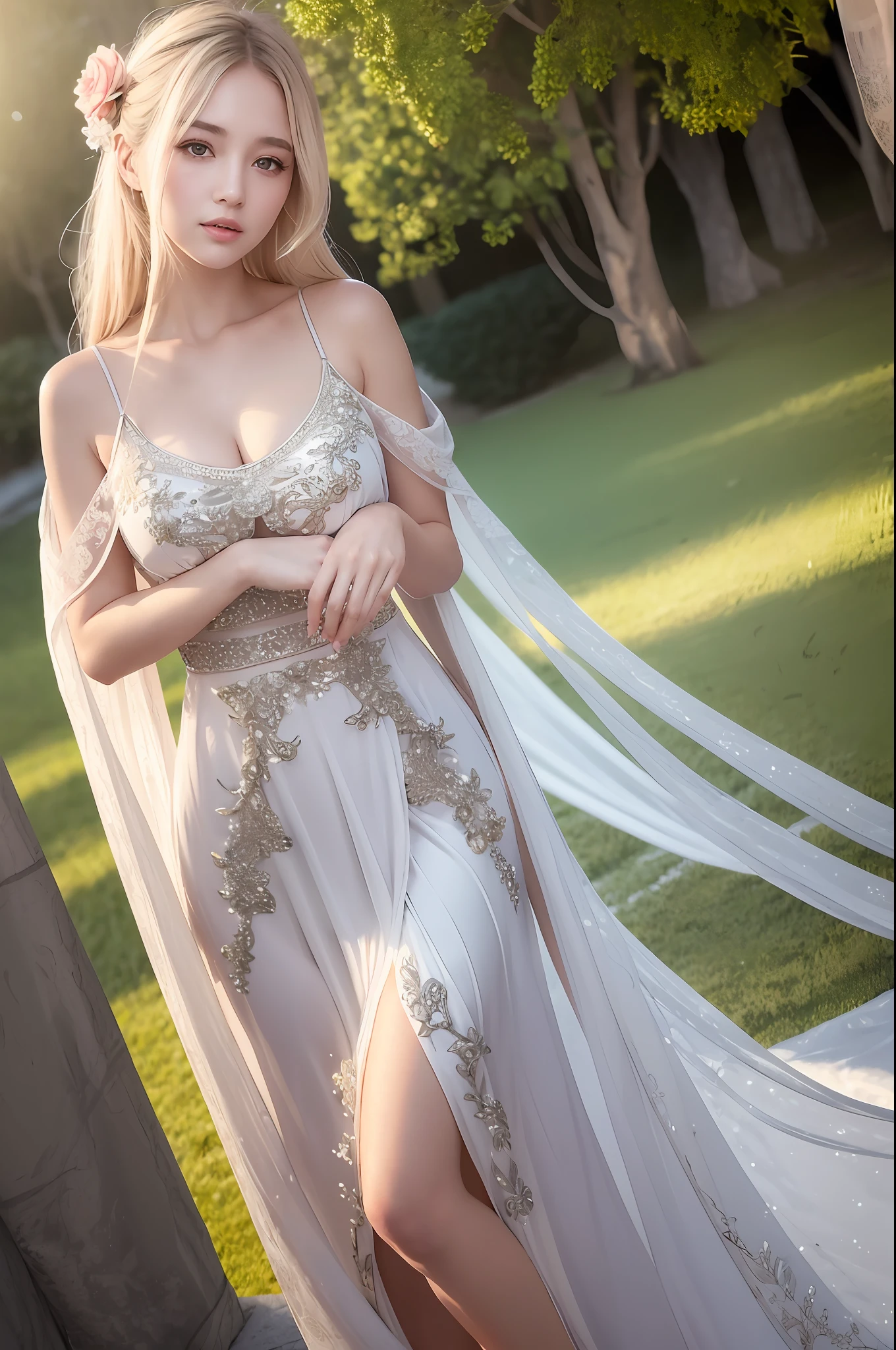 There is a girl in a green dress, plum blossoms, palaces, oriental architecture ray tracing, {best quality}, {{masterpiece}}, extremely detailed 8K wallpaper, {an extremely delicate and beautiful}, colorful, intricately detailed, Realistic, real, camera quality, (detailed depiction of clothes), cool white skin, (detailed depiction of blush), 1080p, sun, soft cuteness, smooth light silver hair, messy beauty, lighting, broken feeling, bright and silky skin , 3D stereoscopic, masterpiece, best quality, super fine illustration, beautiful eyes, very fine light, fine glow, very fine 8K CG wallpaper, peach eyes, red pupils, an extremely delicate and beautiful girl, 8k Wallpaper, best quality, full body close-up, white long dress, luxurious silky bright red chiffon floodlight (magic, glitter, ultra-thin, soft,) Hanfu