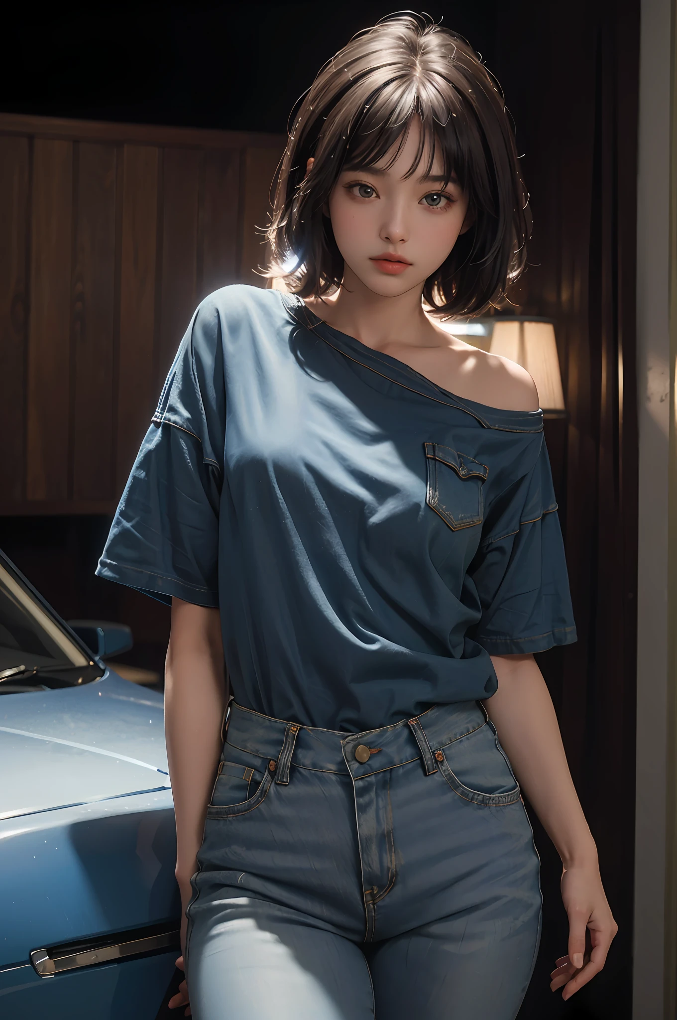 (RAW photo, 4k, masterpiece, high resolution, extremely complex) (realistic: 1.4), cinematic lighting
1 girl, single focus, summer noon, short-sleeved T-shirt 1990s (style), big chest, denim lens, interior