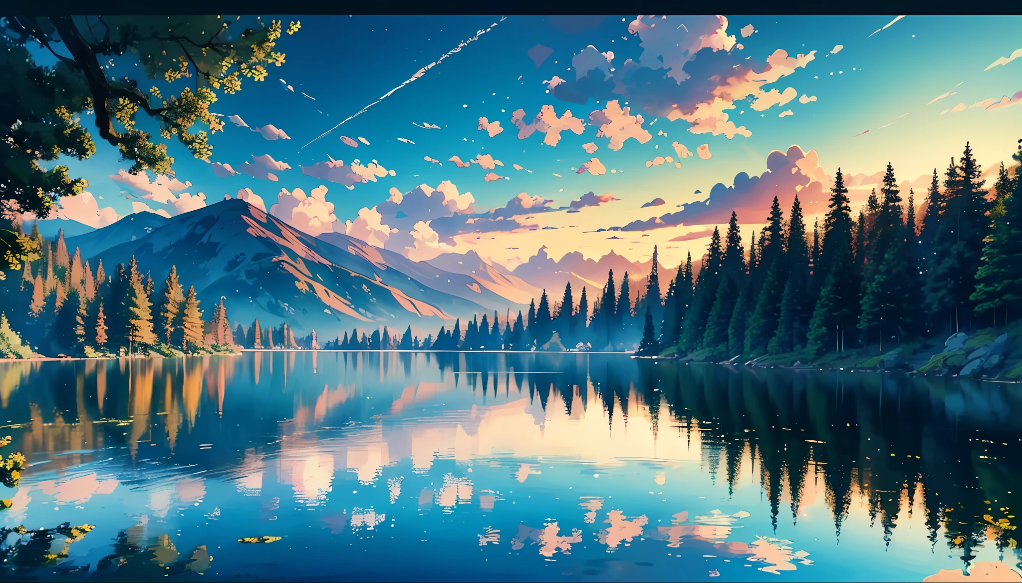 wallpaper, summer, lake, dawn, forest, detailed forest, clouds, masterpiece, cinematic, soft light, depth of field, ray tracing, reflection in water, realism, detailed ulra, masterpieces, HD, high quality, best quality, highres, high quality, high details, masterpiece, anime style
