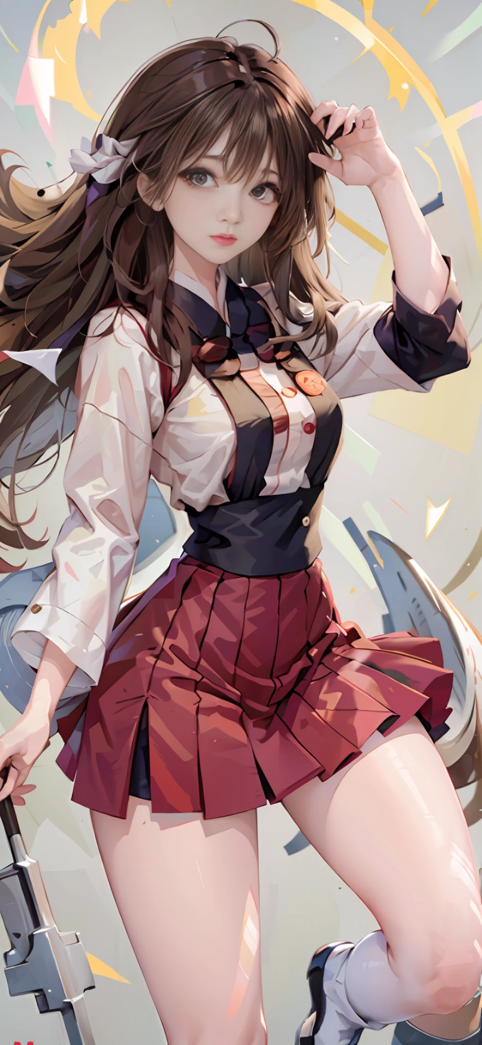 ((masterpiece, best_quality)), 1girl, (真实感:1.4), solo, white_background, black_hair, long_hair, zettai_ryouiki, skirt, ((full_body)),宽臀，细腰