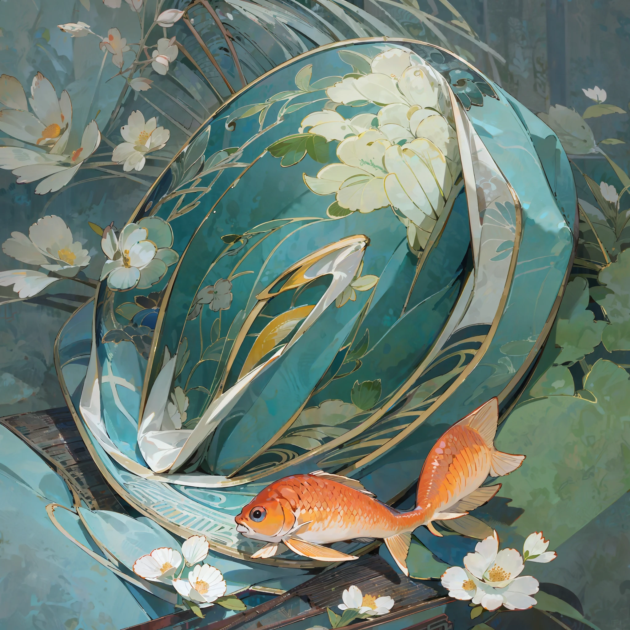 Fish above, a fan below, moderate illustration, HD, with pronounced edges, chinoiserie, classical, (8k, RAW photo, best quality, masterpiece: 1.2), --auto --s2