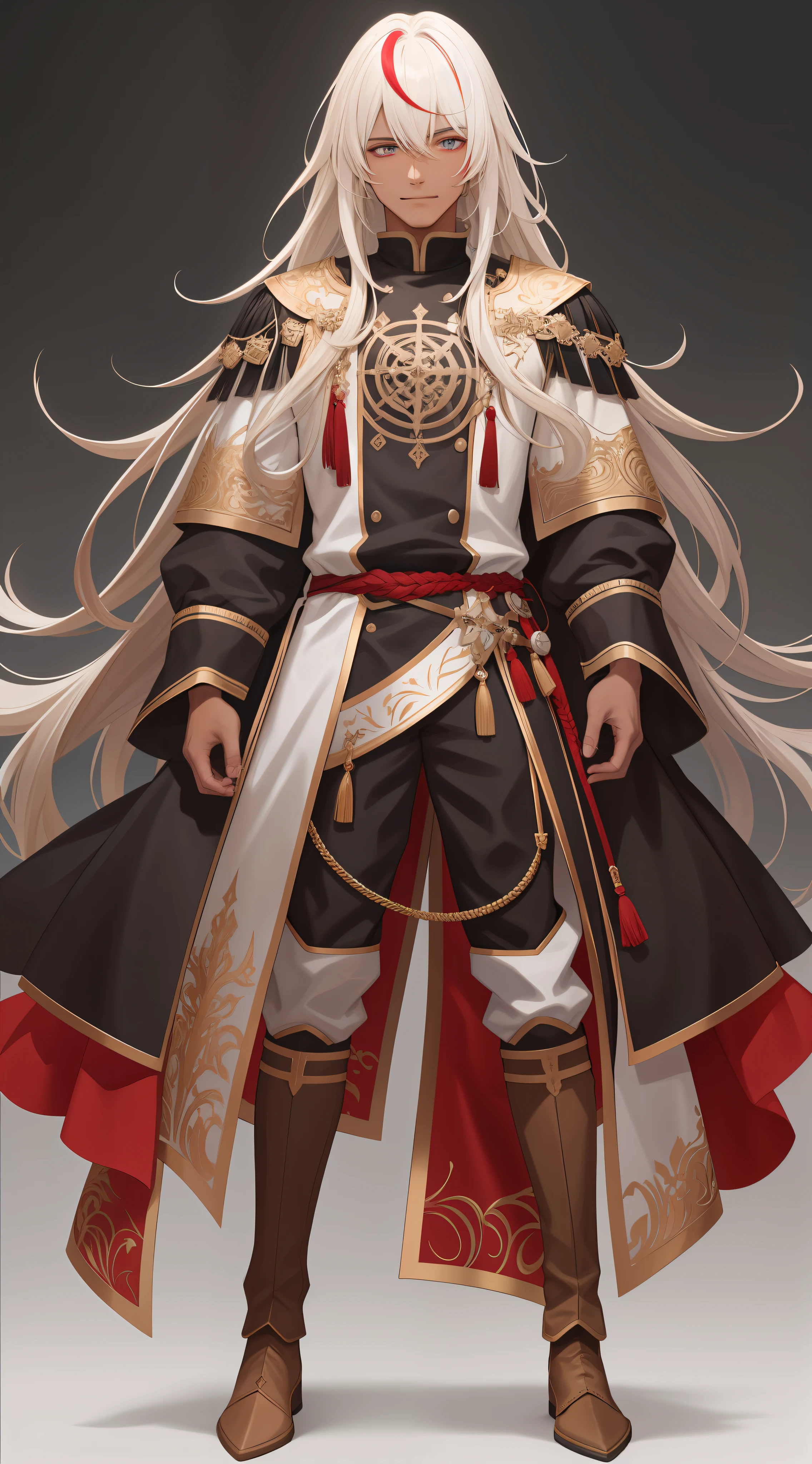 Full body, look straight, {{{man,man,man}}, long hair, {curly}, asymmetrical bangs, single blade, blonde hair, gradient hair, molten metal-like hair, evil smile, intricate details beautiful and delicate eyes, {heterochromic}, {{dark skinned_male}}, {red clothing}, white_background, white_background , white_background,((super detailed)),(masterpiece), highest quality,(illustration),(full length view)))), ((transparent background)),(solo),standing,(wearing boots on feet), {{wearing the uniform of a medieval European knight}},[pants],good young man,beautiful detailed eyes,serious face,good looking,,{{glaze}},{{hair shine}},(( Very delicate and beautiful)),Make the same shape and color on both sides,,White background,((ultra-detailed)),best quality,[masterpiece],(1 man),solo,((full body)),(wearing shoes on feet),masterpiece,high zuality, a young man,((good looking)), streaked hair,bangs,hair,ornament,multicolored hair,streaked hair,ahoge,complex cloth, arms at sides,((good looking)),(upright),standing,virtual youtuber,young man,[[ blush]],concept art, solo,1 young man,((full length)),wearing boots,((looking at biewer)),((View front)),white background,simple background,,(uselessness),young man, beautiful detailed eyes, (good looking),((an extremely delicate and beautiful)),make the eyes the same shape and color on both sideswhole body, view straight on, {{guy,man,male}}, {long hair}, {curly hair}, asymmetrical bangs, single braid, blonde hair, {gradient hair}, messy long hair, ahoge, evil smile, complex details beautiful and delicate eyes, {heterochromic}, {dark-skinned_male} , red Clothes, white_background, white_background, white_background,