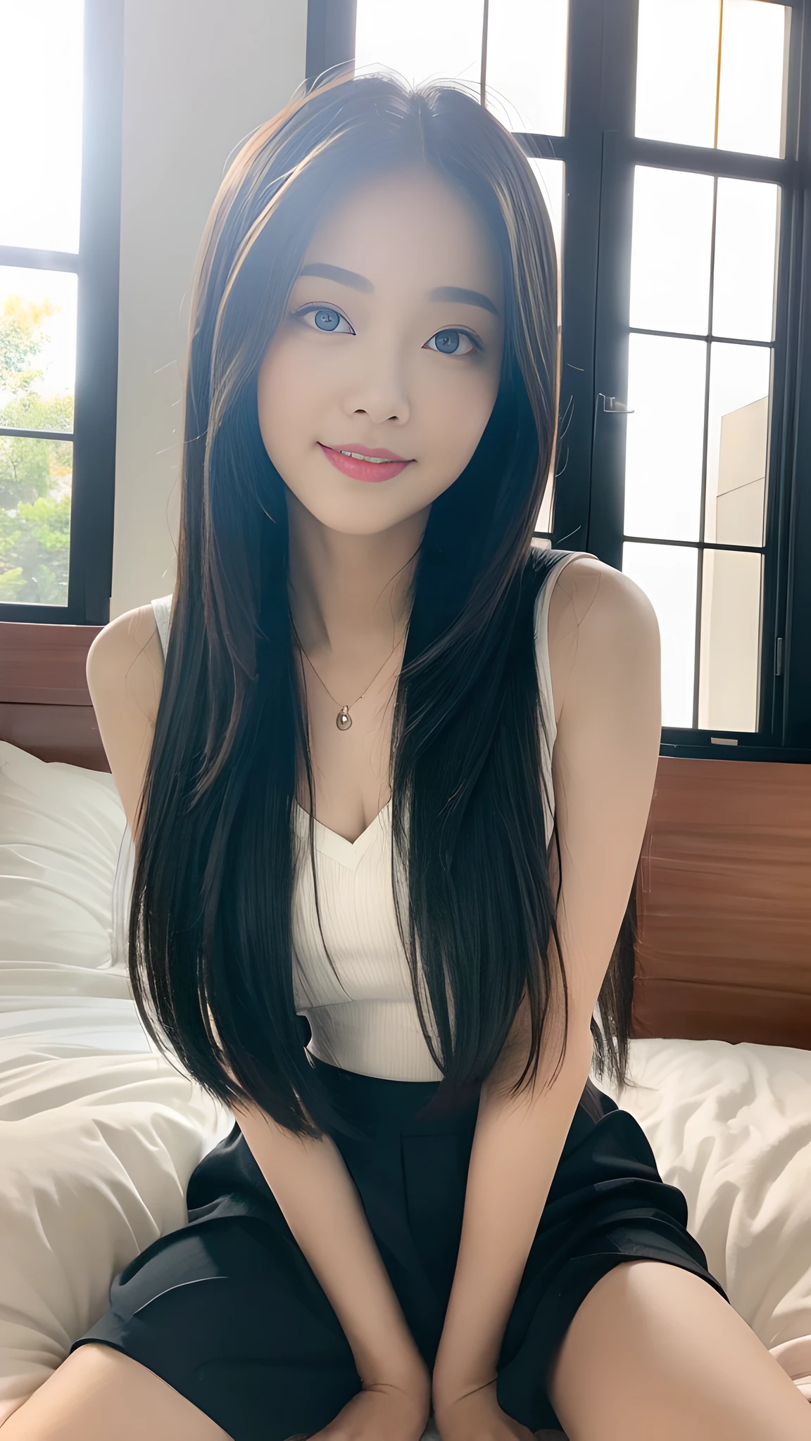 ((Best Quality, 8K, Masterpiece:1.3)), A beautiful girl, pure, melon face, gentle and cute, sweet smile, pure desire, thin figure, (frontal), (tilted head), looking directly at the camera, uniform, obi, formal, black silky long straight hair, long hair flowing over the shoulders, round black big eyes, clear big eyes, water red lips, sweet, sitting on the bed, sunlight, window background,