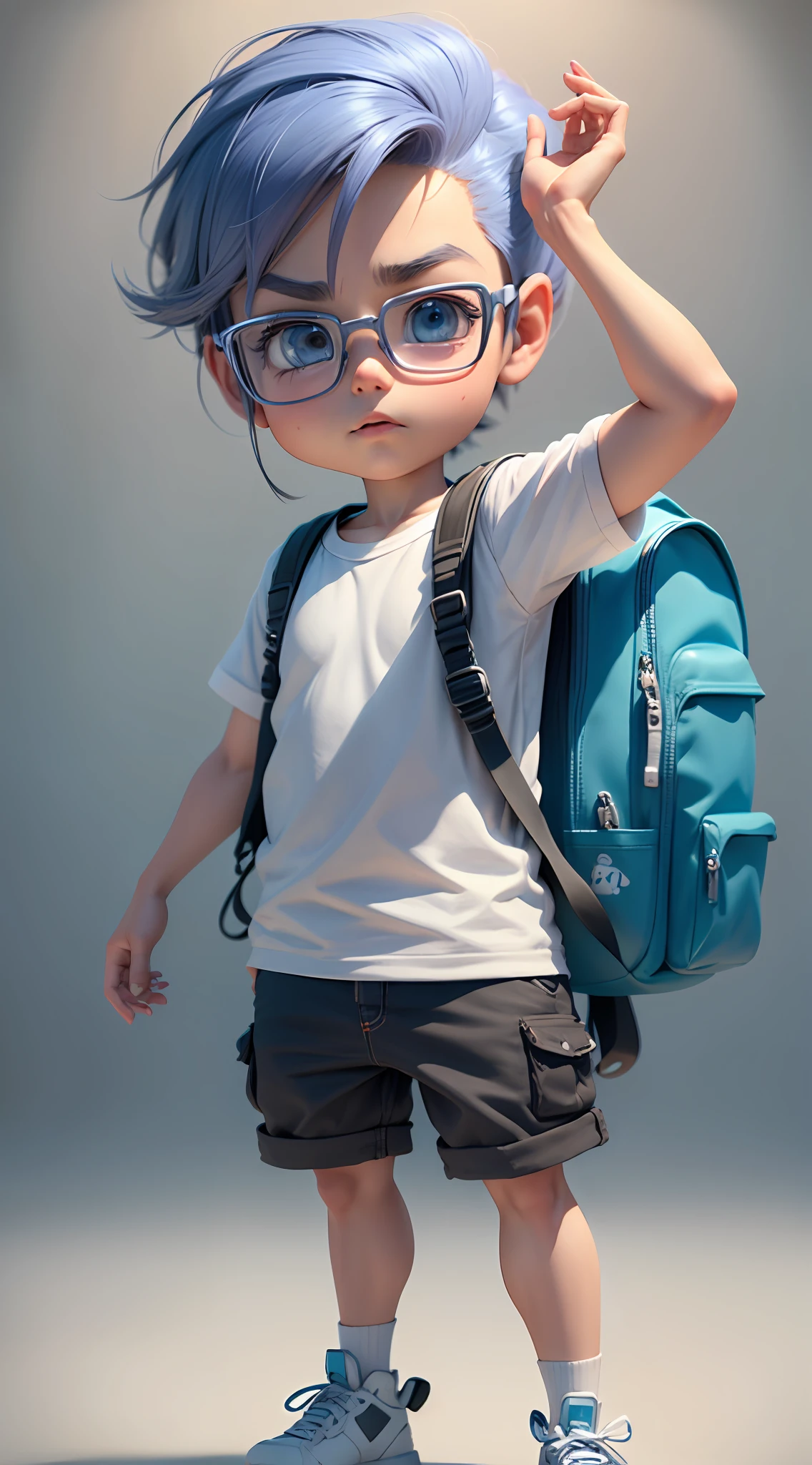 cartoon boy with backpack in front of a white background, animation character, 3d character, 3d character, arnold maya rendering, close-up character, 3d character rendering, cute cartoon character, toon render keyshot, pixar renderman rendering, highly detailed character, stylized character, cartoon character, cute 3d rendering, maxwell rendering, half-party hairstyle, pixar style,