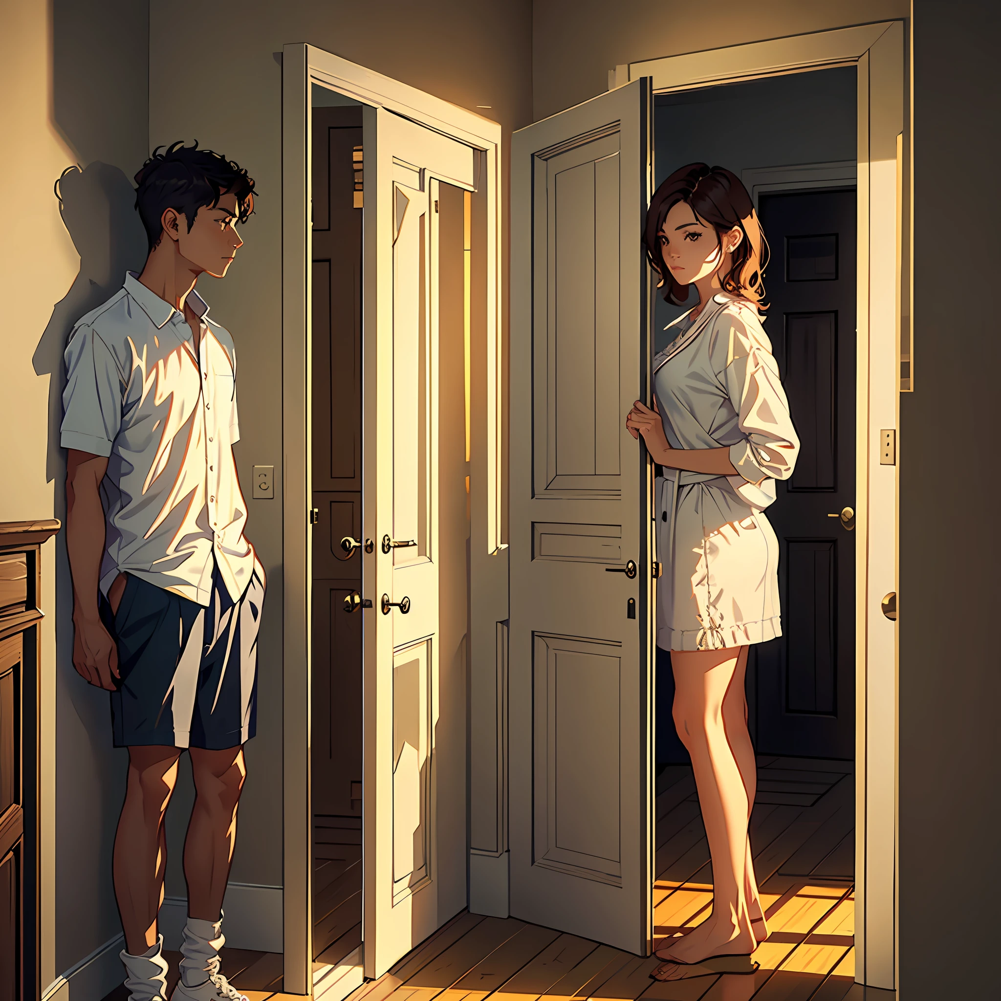 A man standing in the doorway of the bedroom, opposite a woman, woman with a pointed nose, small eyes, best image quality, 8K, CG, (detailed face description: 1.5),