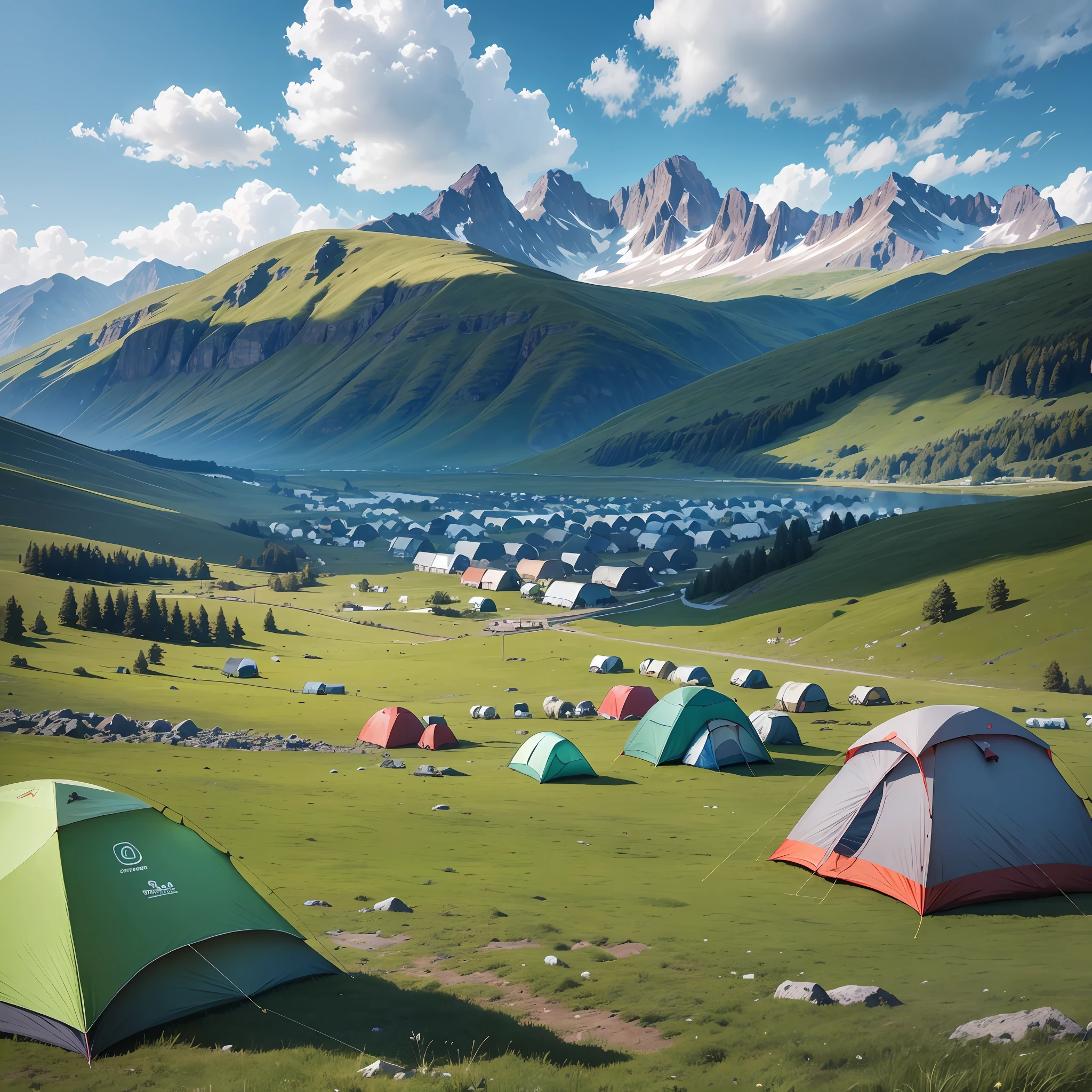 8k, camping people, countless tents, empty mountains, streams, cattle and sheep grazing in the grass, wide angle lens, HD quality --auto --s2