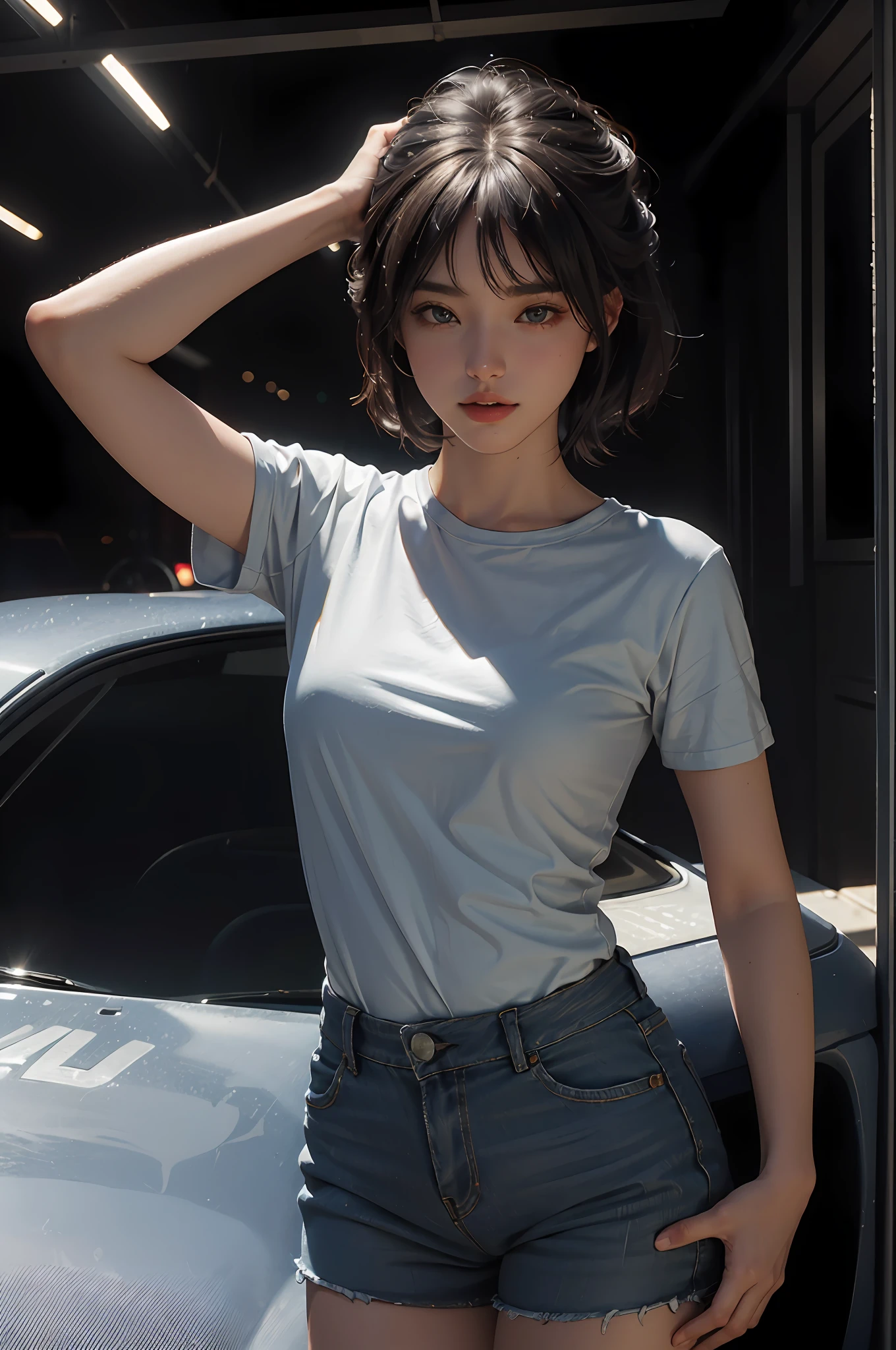 (RAW photo, 4k, masterpiece, high resolution, extremely complex) (realistic: 1.4), cinematic lighting
1 girl, single focus, summer noon, short-sleeved T-shirt 1990s, denim lens, interior