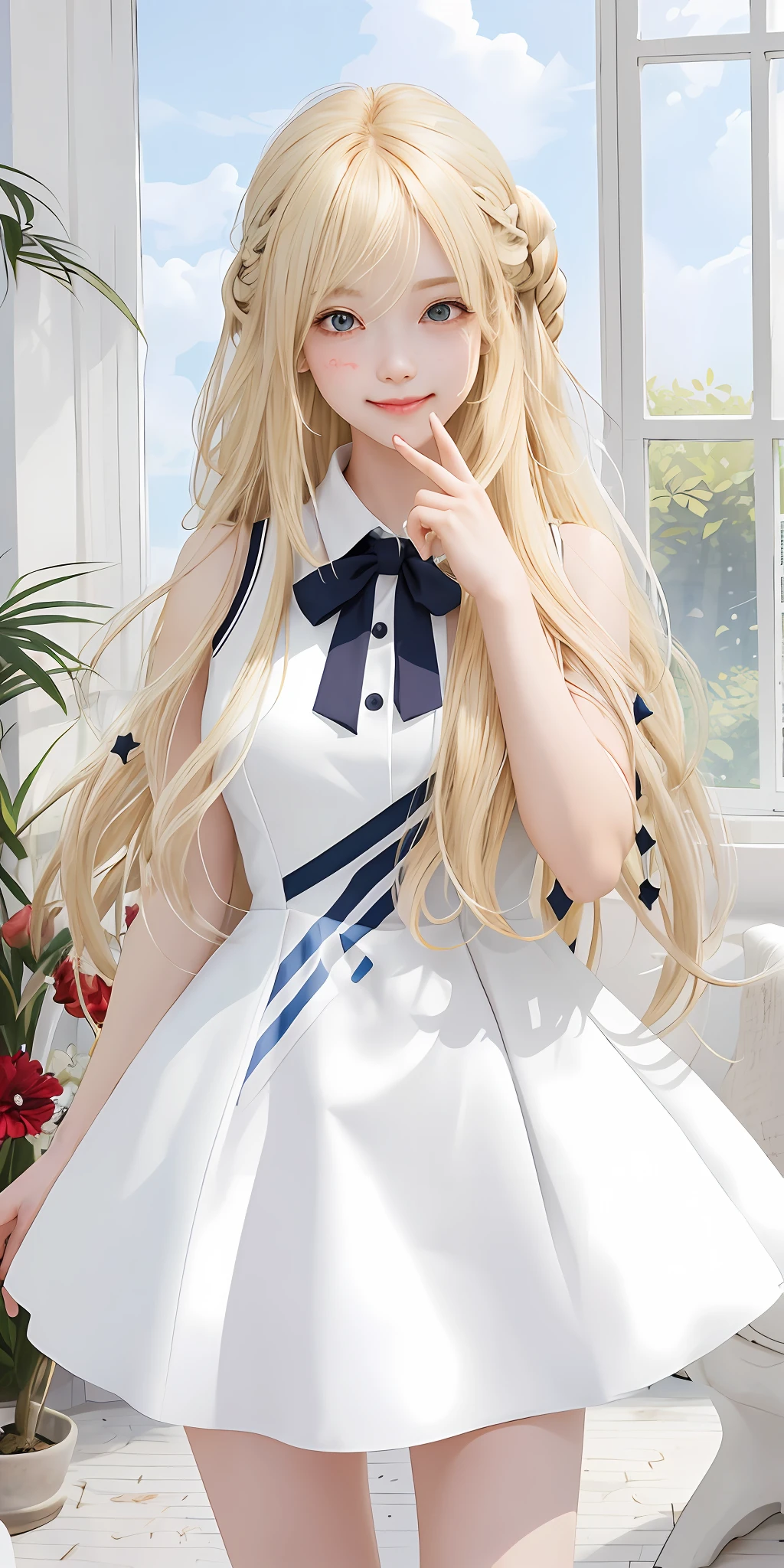 Girl with long hair and white dress, Blonde girl with long hair, Girl with long hair, Visual of cute girl, Official character art, Official art, Beautiful high school girl, adult girl, mature, official artwork, Shikamimi, dress, blue stripe, official illustration, female anime character, red nails, than gesture, bangs, (close left eye while opening right eye), ((smile)), ((frown)), (pout), reality, real person, white room, white window