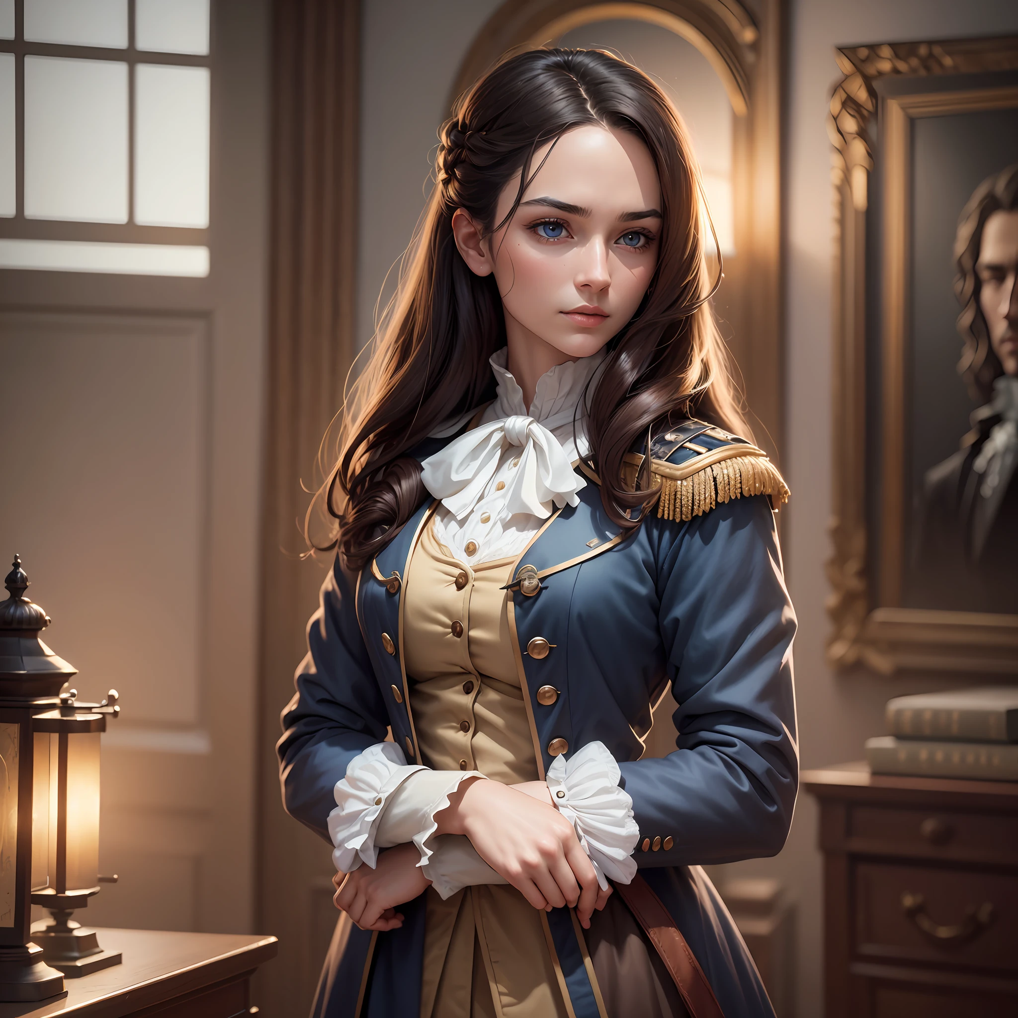 (High resolution, distinct_image) Stunning woman, masterpiece, high detail, soft features, semi-realistic, Hamilton the Musical inspired, half body, small forehead, short forehead, long (chest length) messy soft brown hair, middle parted hair with loose strands, dark brown hair that is slightly pulled back and pinned out of her face in a simple way but still down, dark blue eyes, 24 years old, young, small scars on her face, wearing 1775 historically accurate american revolutionary colonel uniform with tan pants and a open dark blue military jacket with golden epaulettes on the shoulders, detailed face, perfect eyes, asian and caucasian descendant features, (highly detailed soft skin:1.1), 8k, intricate, Soft lighting, Dramatic sunset, standing in a 1700s victorian fancy high-end office at night with a portrait of this woman in the background, soft background, RAW, analog style, sharp focus, 8k, DSLR, high quality, Fujifilm XT3, grain, vintage, award winning, masterpiece (best quality:1.2) (detailed) (inticate) (8k) (HDR) (wallpaper) (cinematic lighting) --auto --s2