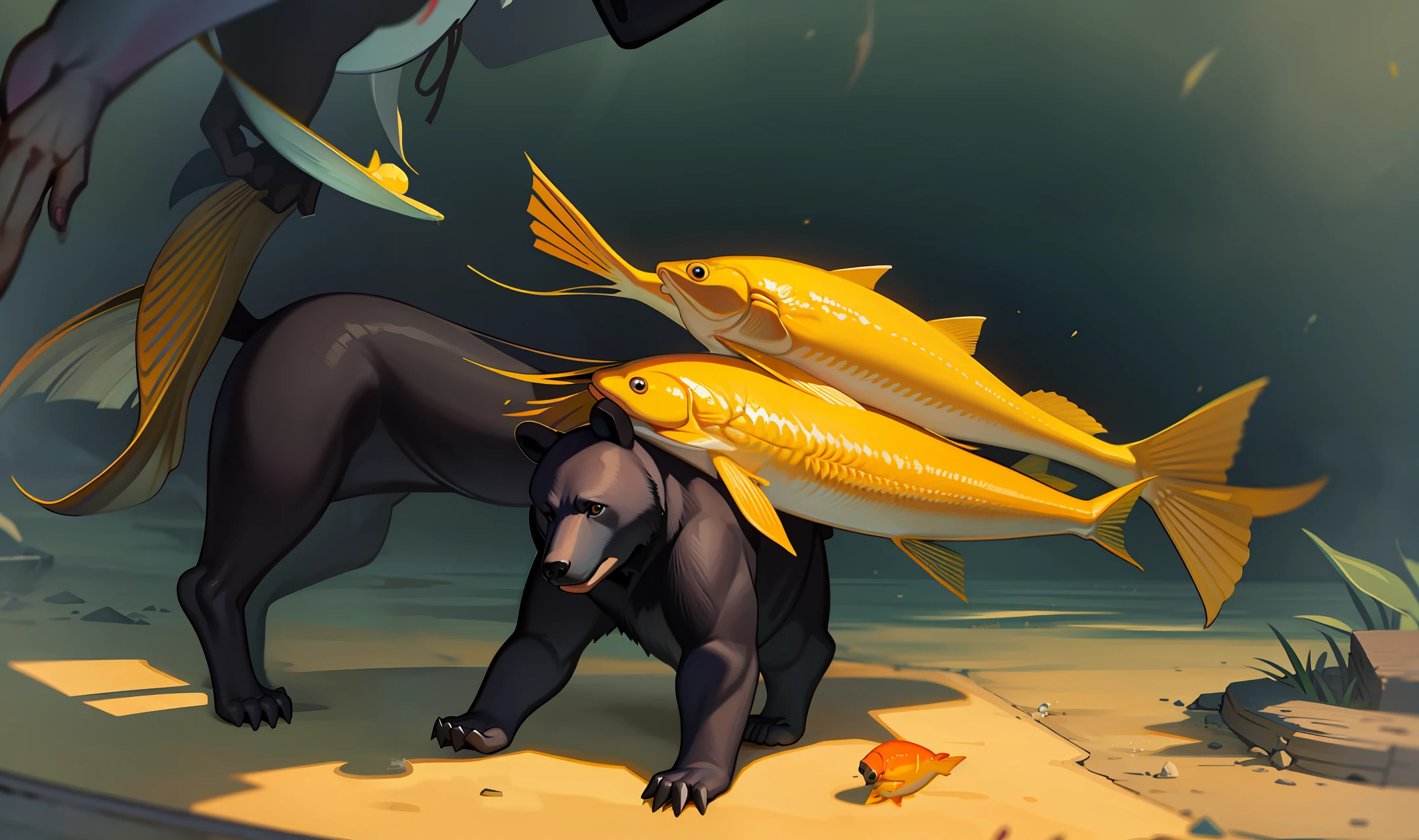 Black bear eating yellow fish