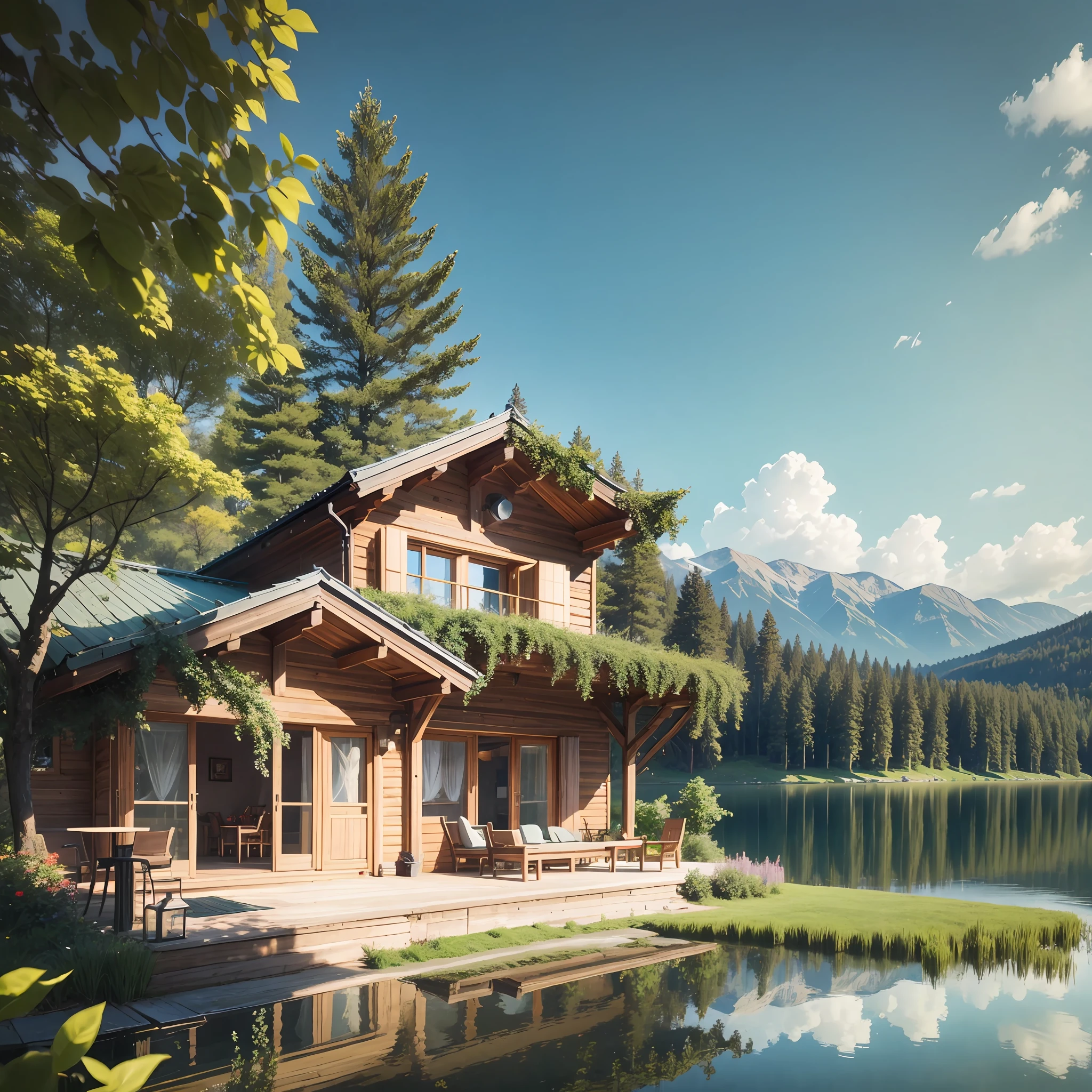A chalet by the lake with greenery, A big tree, interior architecture, ray tracing, reflection light, wide shot, perspective, bokeh, UHD --auto --s2