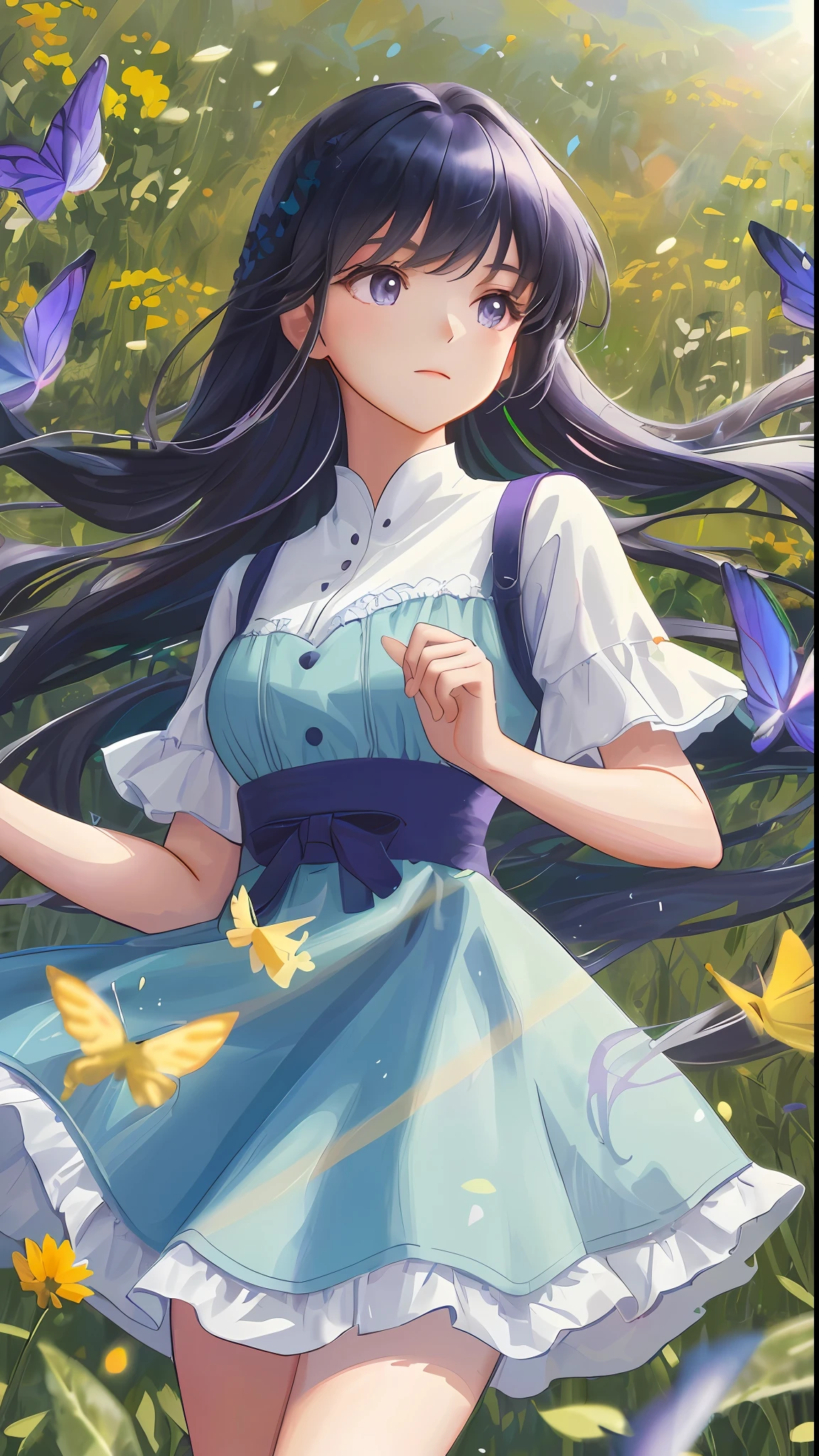 High Detail, Ultra Detail, Ultra High Resolution A cute and innocent girl is enjoying her time in an open field, surrounded by the beauty of nature, with the warm sun shining on her and wild flowers swaying gently in the breeze. Butterflies and birds flutter around her, adding to the playful atmosphere, blunt bangs, dark blue hair, purple eyes --v6