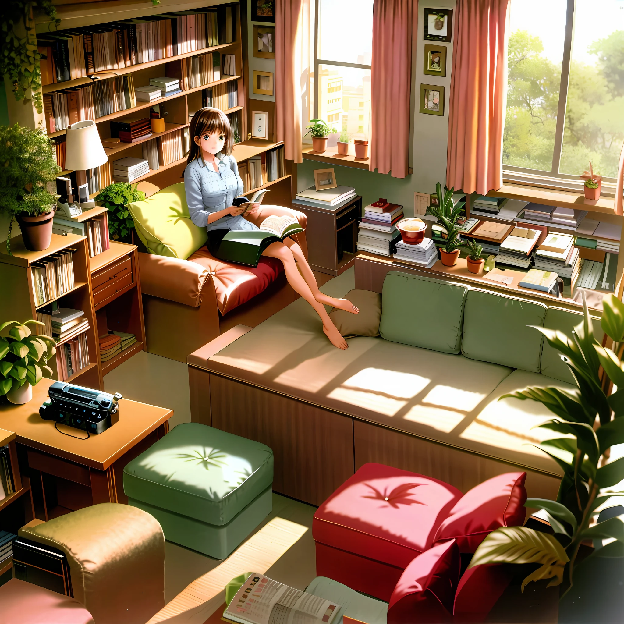 Reading and studying in room, living room, sofa, window, curtains, mottled sunlight, potted plants, table, cabinet, bookcase, paper, lamp, typewriter, girl sitting on sofa and playing with mobile phone