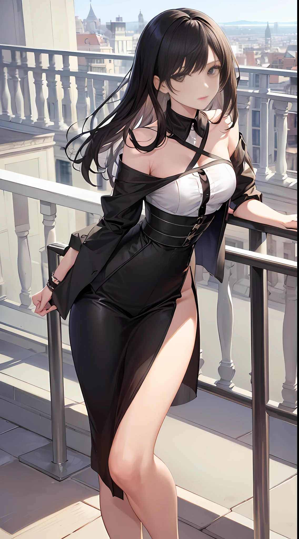 ((Top Quality, 8K, Masterpiece: 1.3)), Sharp Focus: 1.2, Cute Beauty with Perfect Figure: 1.4, Slim Big: 1.2, ((Black Casual Hairstyle, Big: 1.2, Big: 1.2)), (Oversized Shirt, Buttoned Shirt, Open Shirt, White Shirt), (Men's Shirt), (Semi-nude, Ecstatic, Standing: 1.2, Sexy Pose), (( Simple balcony: 1.3 created mainly by women)), very detailed face and skin texture, fine eyes, double eyelids, slave chains, slave collars, harnesses,