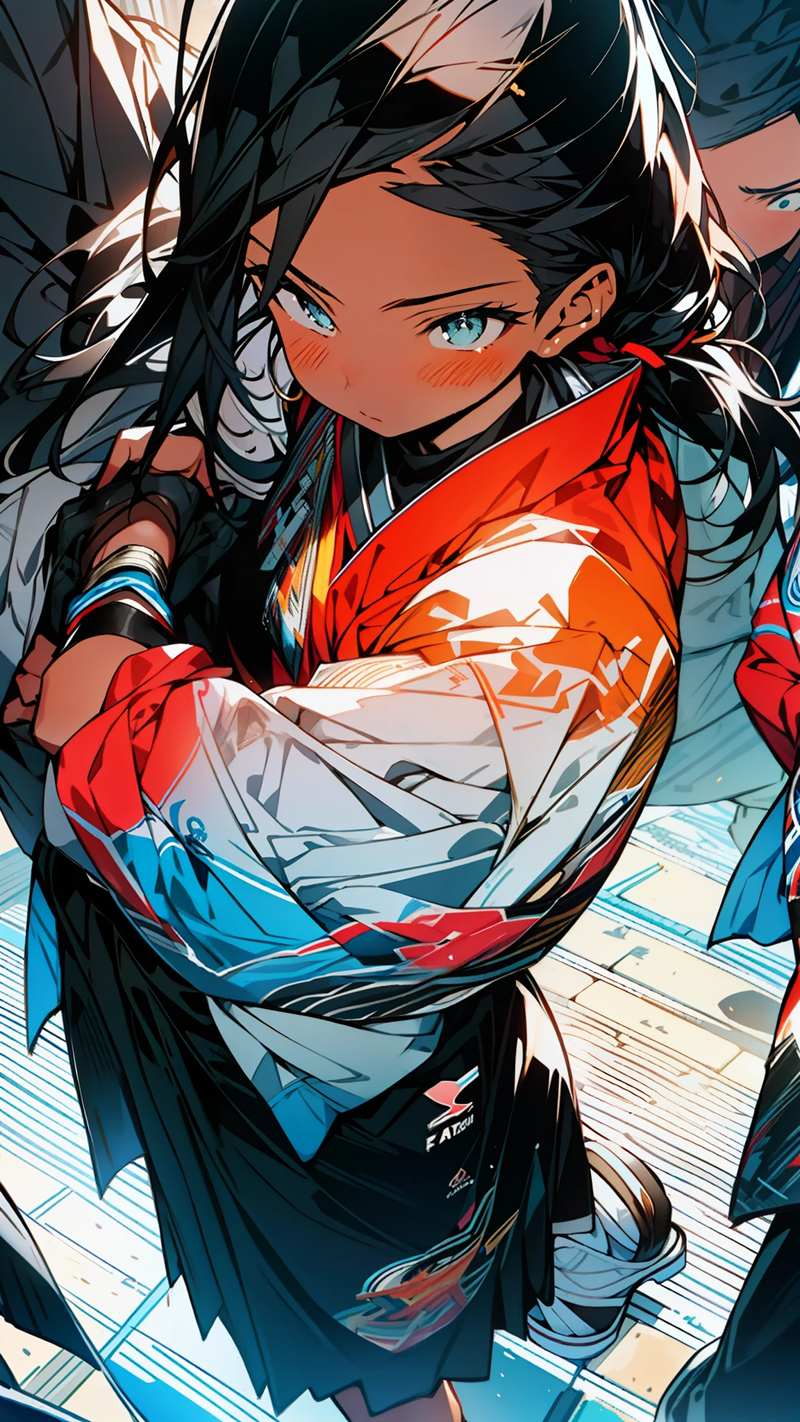 background, mixed-language_text, Japanese graffiti letters, a young warrior with long black hair cascading down her back. His eyes are a deep shade of amber, which shine with intensity when he is in battle. She possesses an athletic and slender appearance, with a confident and determined posture. Her skin has a light tan tone, evidencing her strength and endurance, photo, sticker art, freedom, soul, digital illustration, comic style, centered, approaching perfection, dynamic, highly detailed, watercolor painting, artstation, concept art, smooth, sharp focus, illustration, art by carne griffiths and ,alone anime, centered, approaching perfection