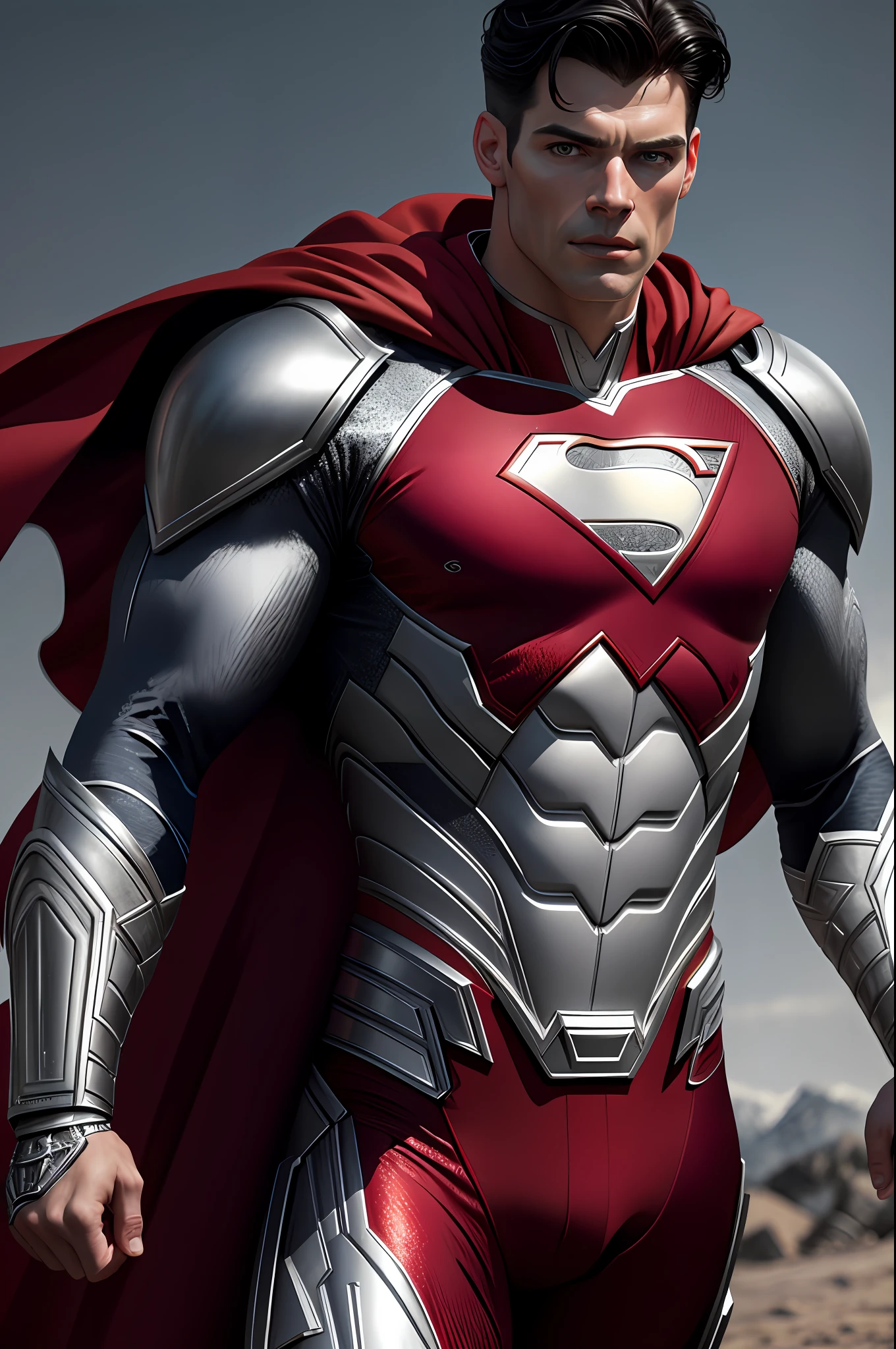 (8k, RAW photo, best quality, masterpiece: 1.2), ultra detailed, authorial art, photo-realistic: 1.37, upper body shot, ((exclusively red and silver uniform: 1.2)), model, dc super man film grain, action pose, a perfect face, 40 years, intricate details, diffused light, by DC