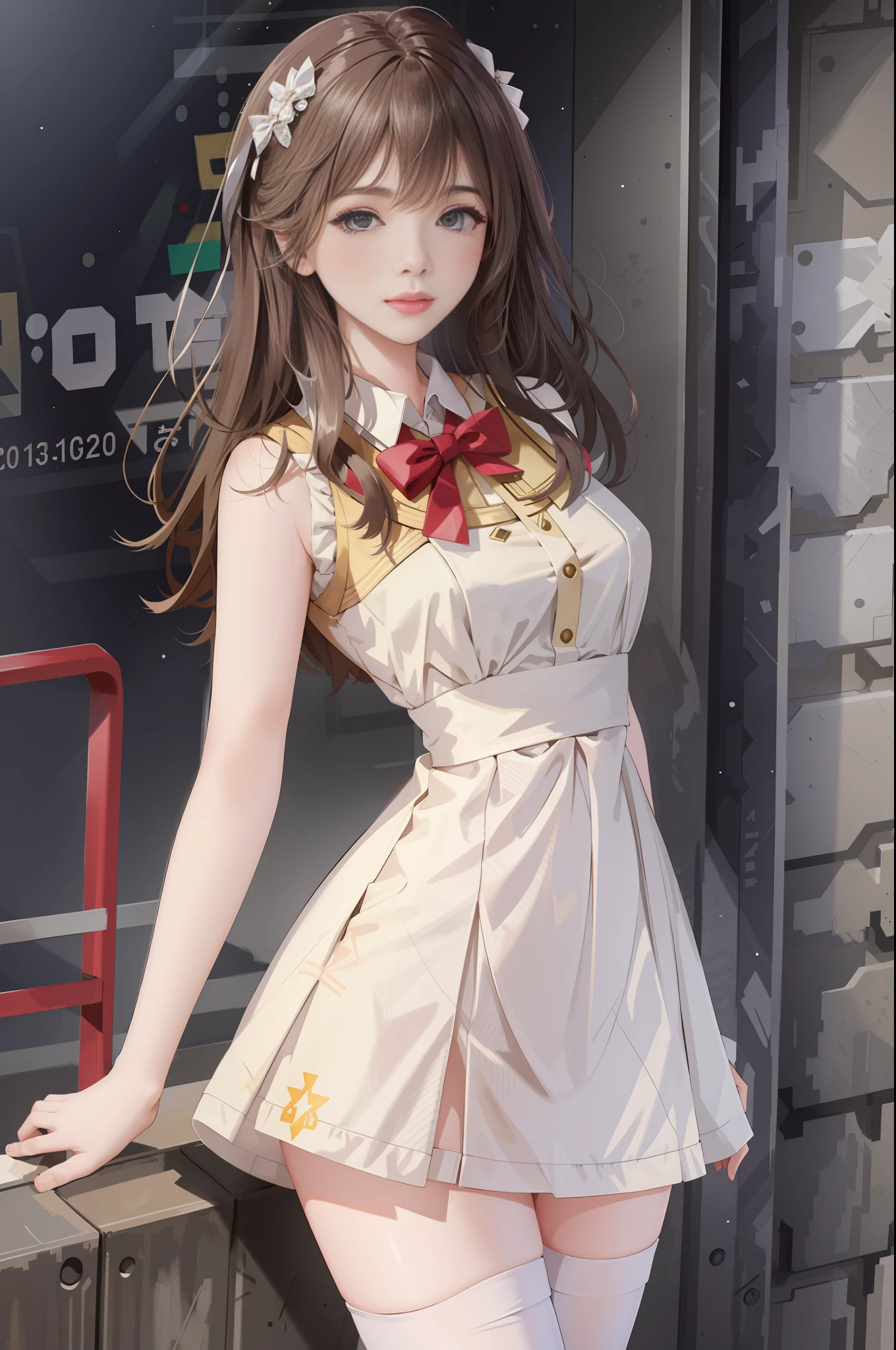 (Best quality, masterpiece: 1.1), (True: 1.4), 1girl, portrait, (corneo_dva), white dress short dress, stockings