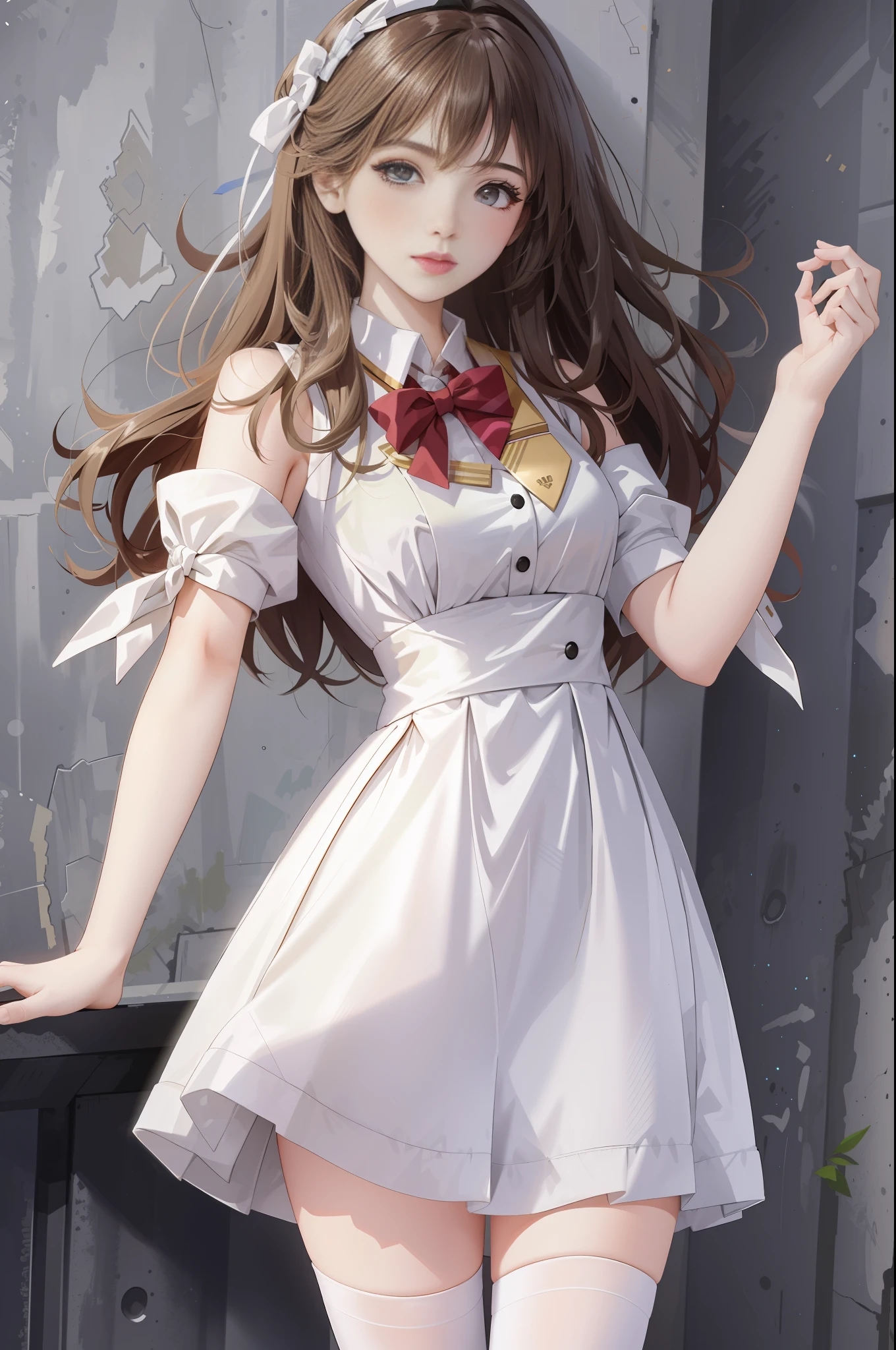 (Best quality, masterpiece: 1.1), (True: 1.4), 1girl, portrait, (corneo_dva), white dress short dress, stockings