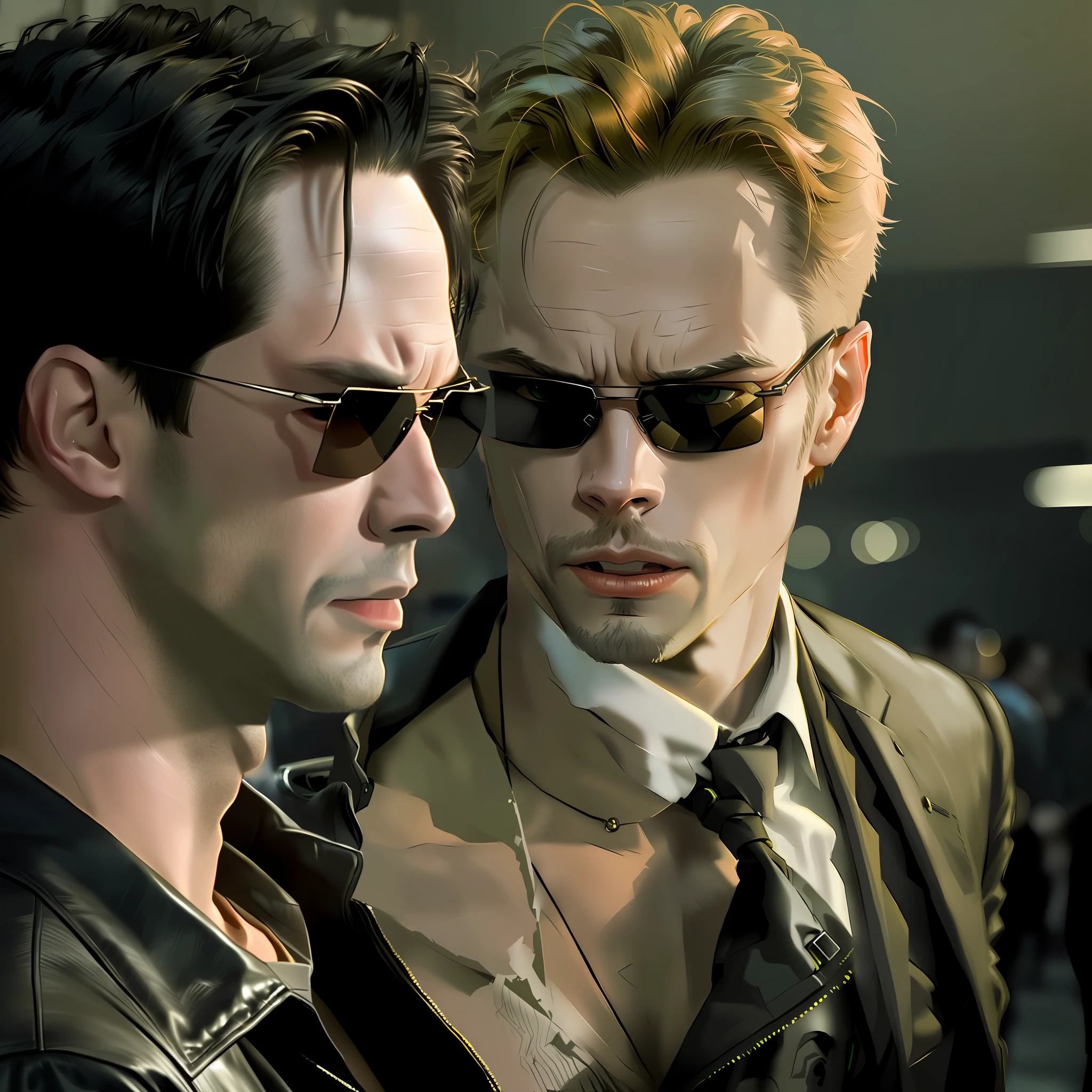 ((best quality)), ((masterpiece)), (detailed) fan art of (neo from the matix) head, ((neo from matrix face)) looking away, keanu reaves, the matrix (1999), sunglasses, night, 80mm, ((western animation)), (neo the matrix (1999)), (short hair), (tokyo street nights), ((back of the head)), ((profile))