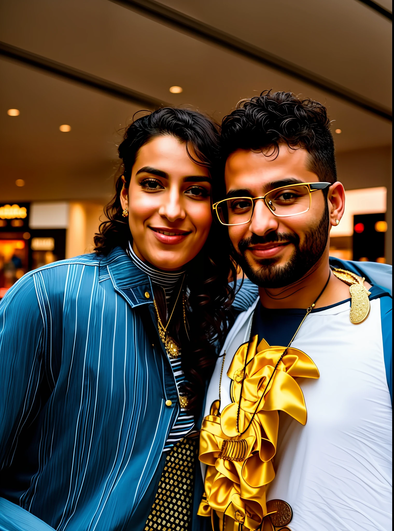 there is a man and woman posing for a picture together, lovely couple, ghutra and egal, shot on nikon z9, happy couple, facebook post, taken with sony alpha 9, at a mall, reddit post, very very low quality picture, in a mall, portrait of two people, couple, profile picture 1024px