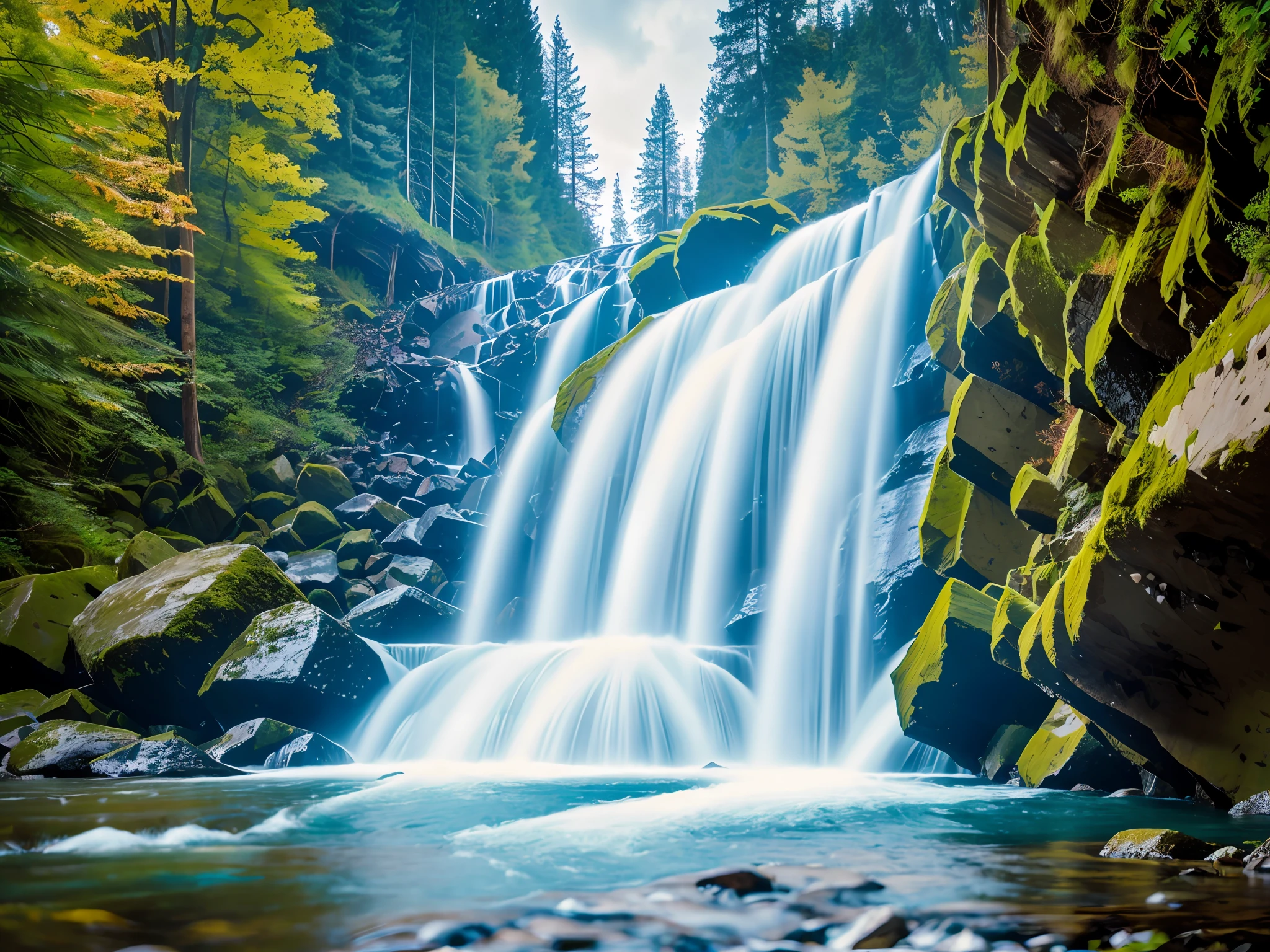 Photography, high resolution, 8k RAW, alpine waterfall, silk flowing water, pictorial, wide-angle lens, slow shutter, rigorous composition --auto --s2