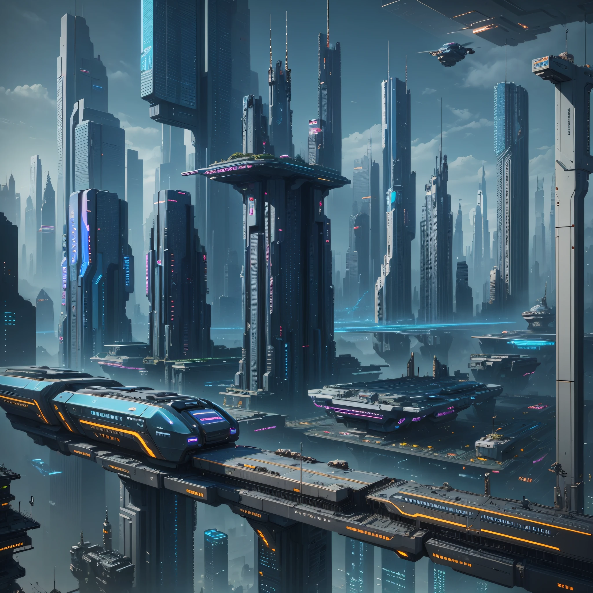 Futuristic Cityscape, ((Cyborg)), (Irregular Architecture), Mechanics, (Cyberpunk), (Levitation Train), Drones, Realistic Lighting, (Abyss) Masterpiece, High Quality, Beautiful Graphics, high detail, --auto --s2