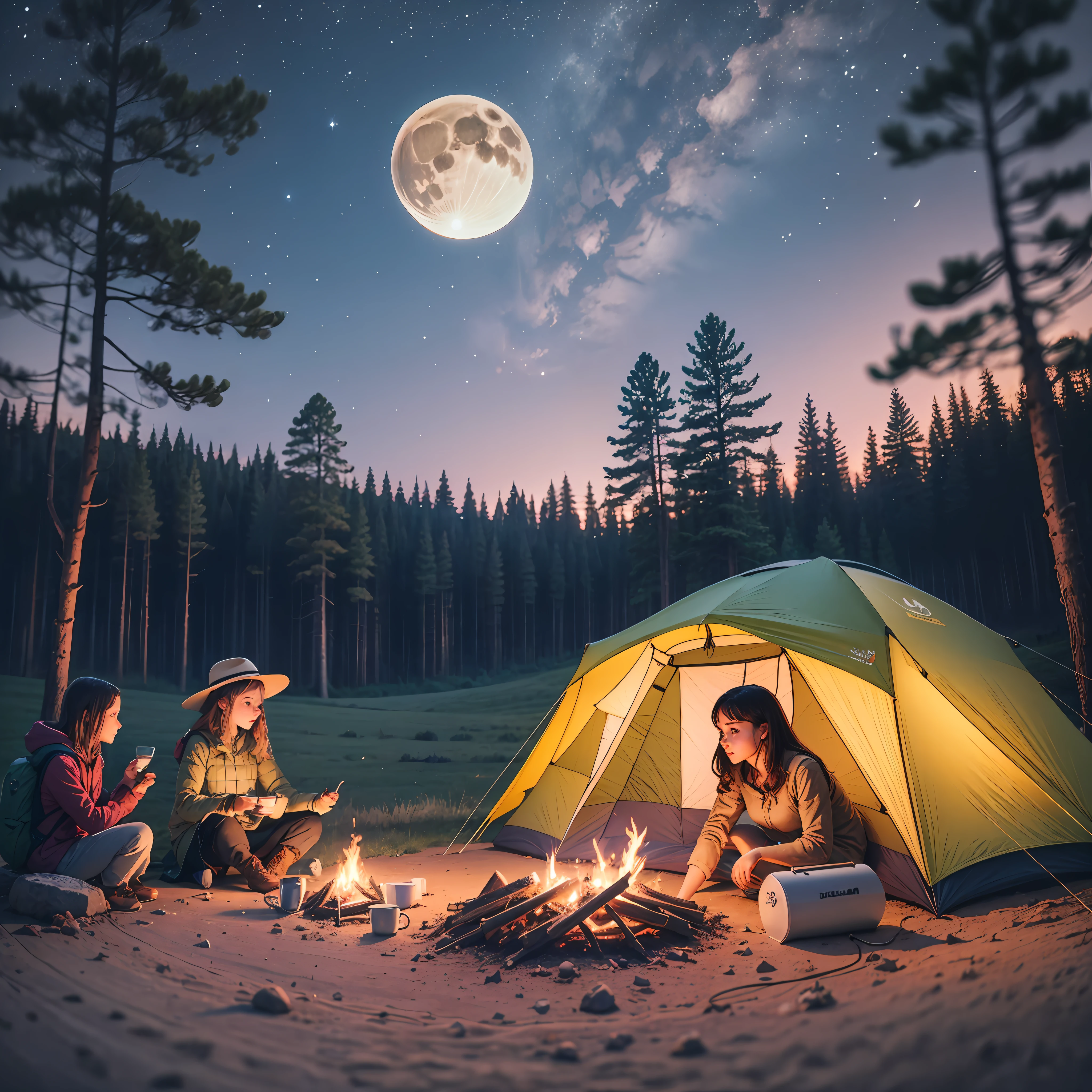 3girl, camping, stream, woods, tent, barbecue, fire, 8k, best quality, evening, movie light, moon, warm style, --auto --s2