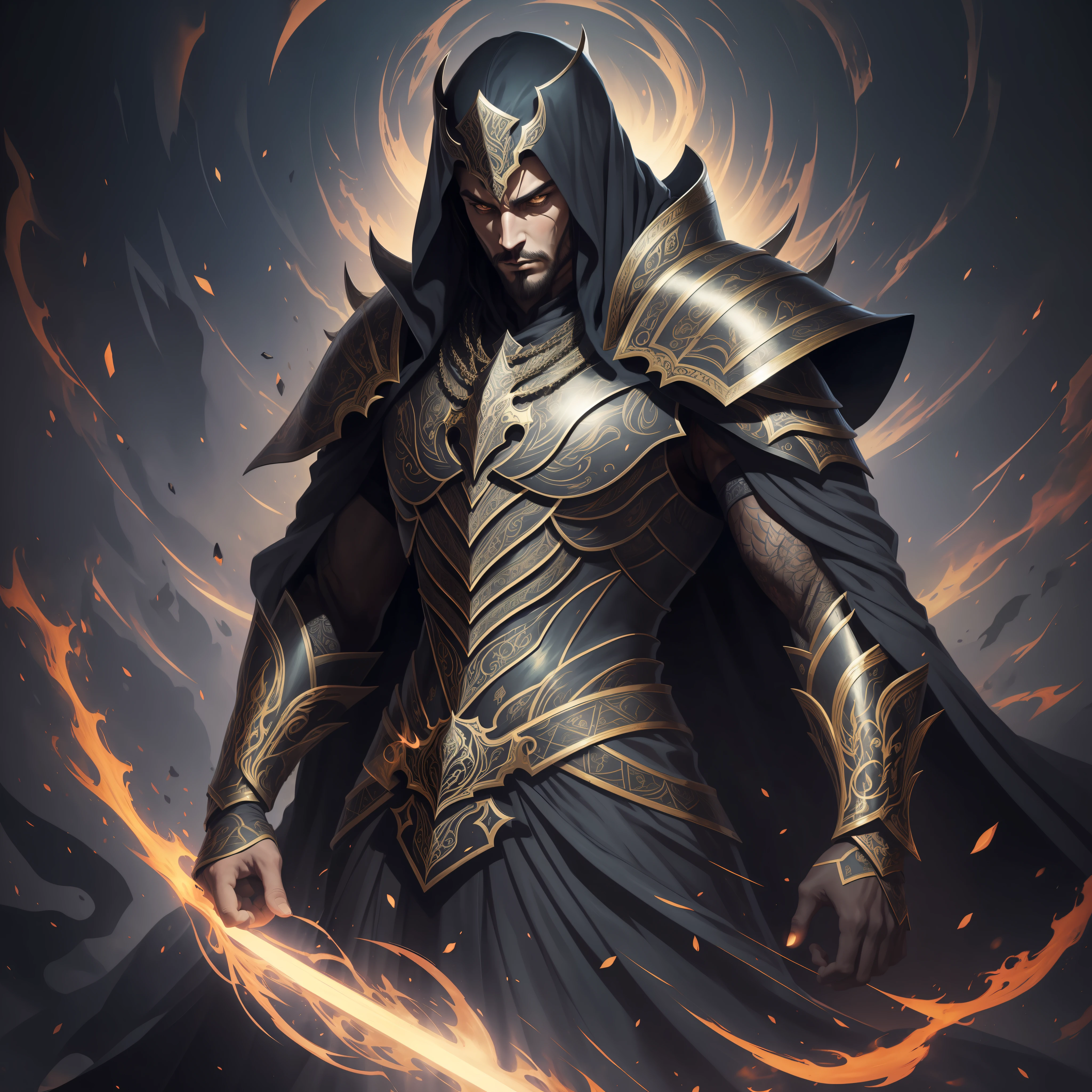 (masterful artwork, high-quality illustration) A confident and powerful (human lord) is hidden by shadows, adorned in elaborately decorated and dark armor, emanating a menacing aura.