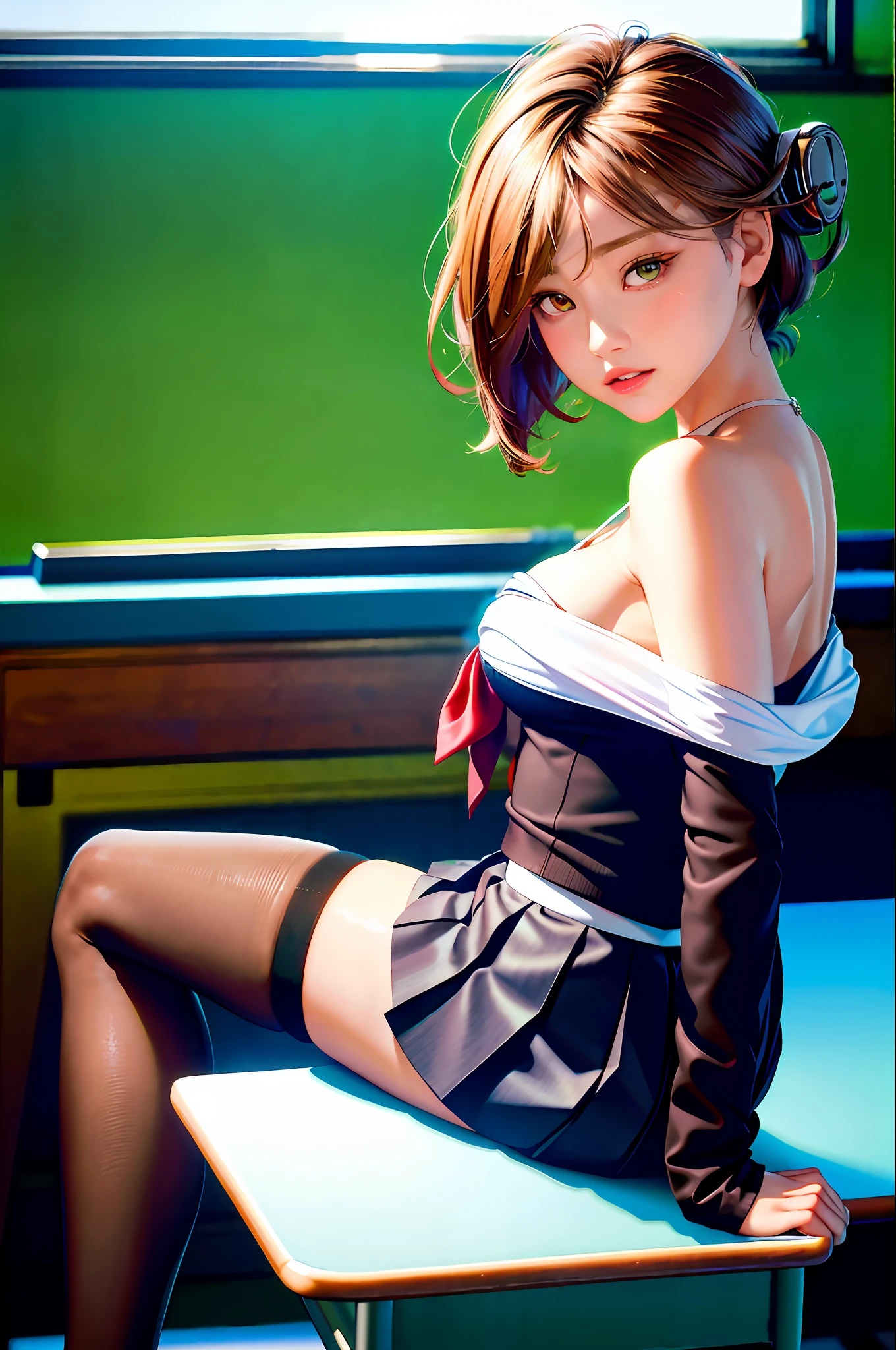 Masterpiece, Best Quality, Ultra Detailed, Illustration, Colorful, Falt Color, Depth of Field, Lens Glow, 1girl, Anime, Seated, Brunette Look, School, Classroom, Pleated Miniskirt, School Uniform, Serafuku, Black Pantyhose, Delicate Skin Texture, Delicate Fabric Texture, Nice and Meticulous Face, Bare Shoulder