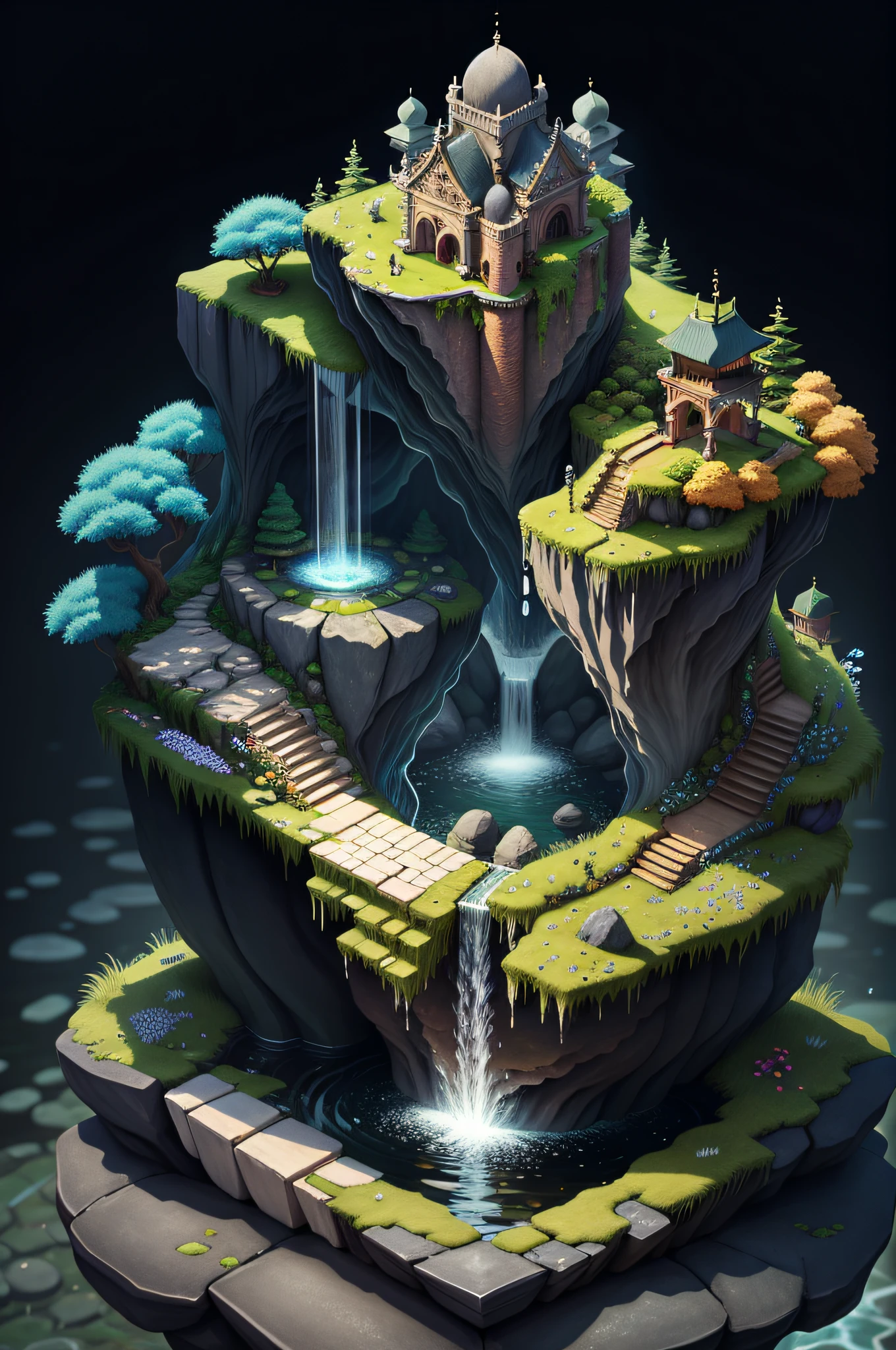 [(black background:1.5),::5], (isometric 3d art of floating rock citadel), (moon:0.95),  cobblestone, flowers, verdant, stone, moss, fish pool, (waterfall:1.2), idyllic, japanese structure --v 6