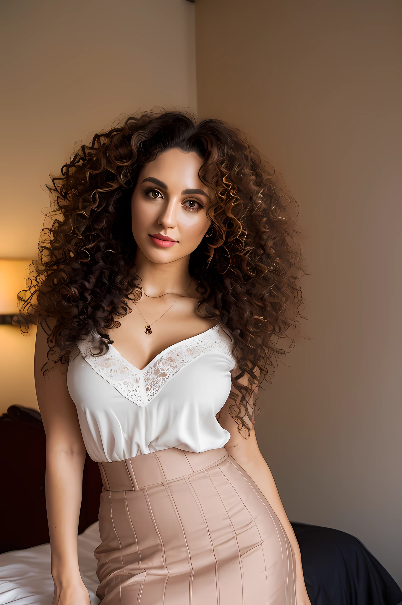 woman with curly hair, wearing a skirt and blouse, detailed seductive alluring eyes, in a modern bedroom, masterpiece, detailed, elegant, best quality, diffused broad light, backlighting, bloom, light sparkles, chromatic aberration, smooth, sharp focus