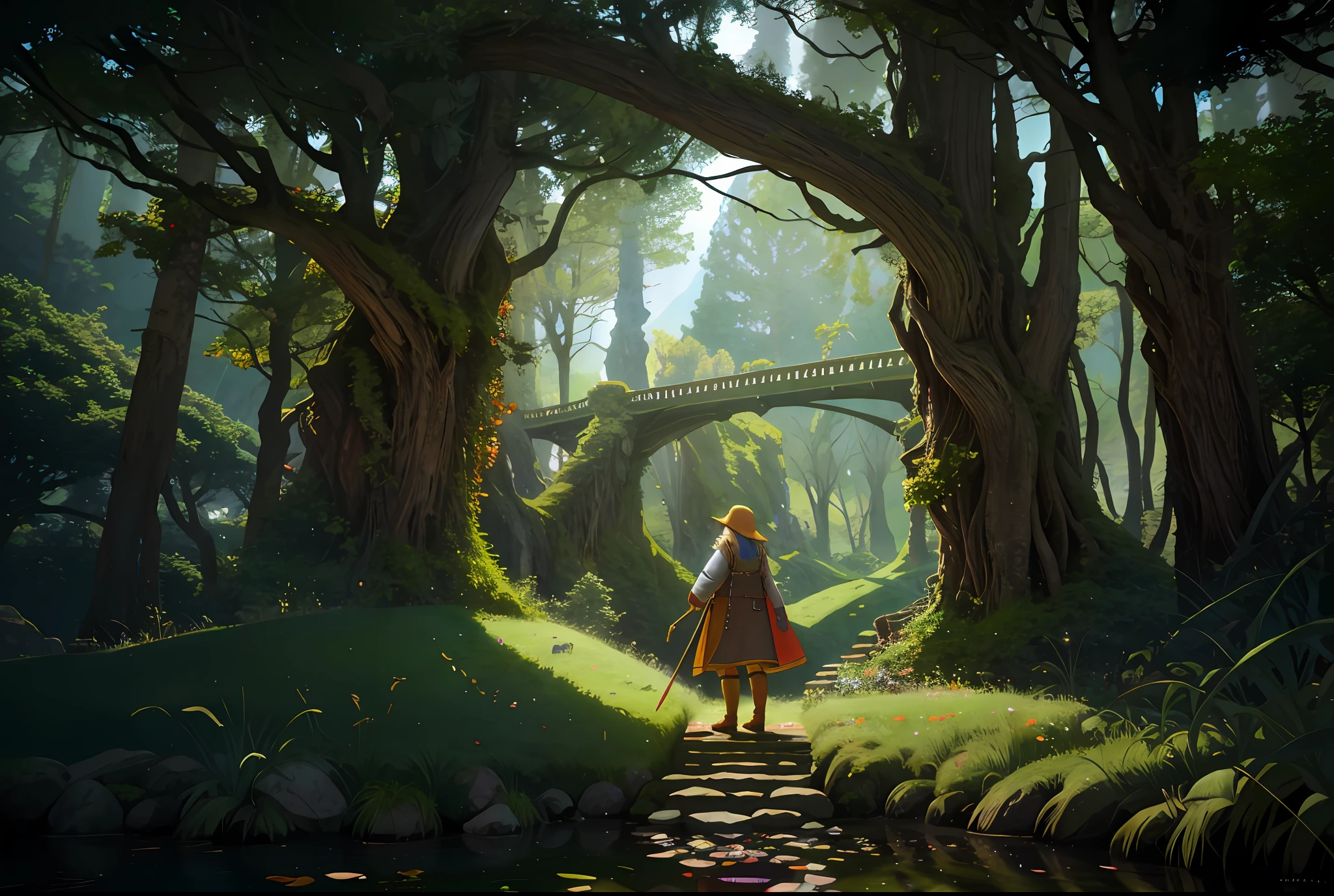 forest hobbit, fantasy, full of wonder and magic, curved bridges, stained glass windows, dramatic, ((abstract)), high octane render 8k, super detailed, realistic, super realistic, high quality, best, super detail, crazy detail, very detailed, photorealistic, epic composition, best quality, 32k --v 6