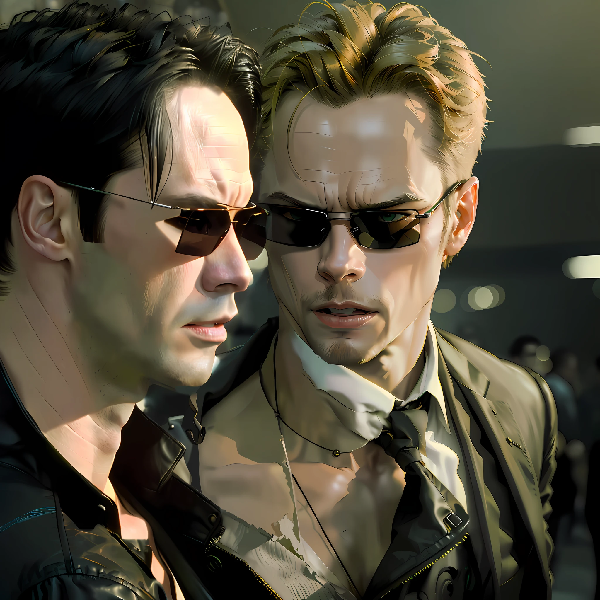 ((best quality)), ((masterpiece)), (detailed) fan art of (neo from the matix) head, ((neo from matrix face)) looking away, keanu reaves, the matrix (1999), sunglasses, night, 80mm, ((western animation)), (neo the matrix (1999)), (short hair), (tokyo street nights), ((back of the head)), ((profile))