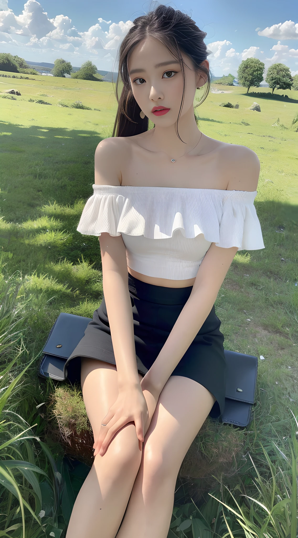 ((Best Quality, 8K, Masterpiece:1.3)), A beautiful girl, pure, melon face, gentle and cute, thin figure, off-the-shoulder short sleeves, slit crop top skirt, high ponytail, black fluffy long straight hair, round black big eyes, clear big eyes, moist lips, sweet, sitting, pastoral background,