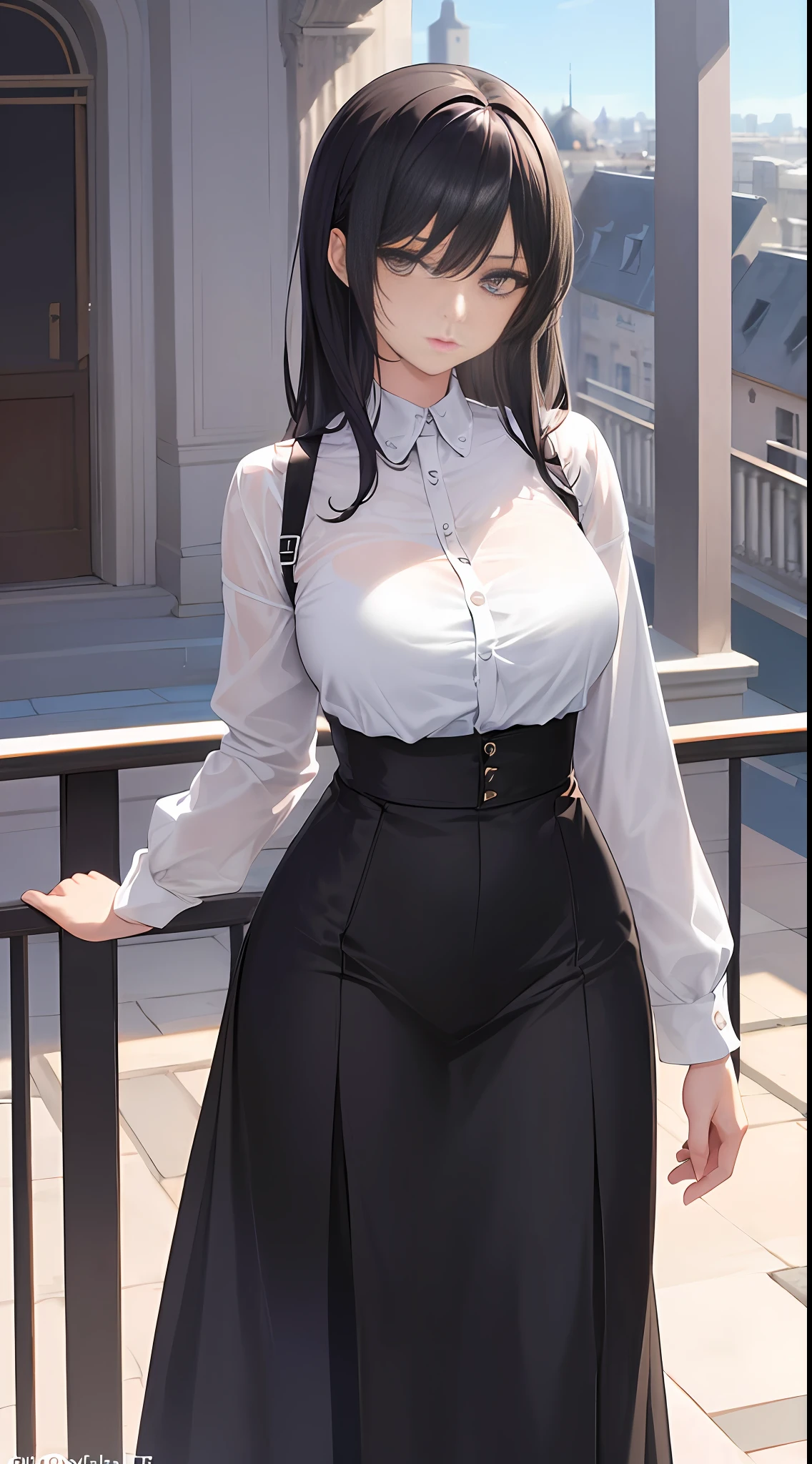 ((Top Quality, 8K, Masterpiece: 1.3)), Sharp Focus: 1.2, Cute Beauty with Perfect Figure: 1.4, Slim Big: 1.2, ((Black Casual Hairstyle, Big: 1.2, Big: 1.2)), (Oversized Shirt, Buttoned Shirt, Open Shirt, White Shirt), (Men's Shirt), (Semi-nude, Ecstatic, Standing: 1.2, Sexy Pose), (( Simple balcony: 1.3 created mainly by women)), very detailed face and skin texture, fine eyes, double eyelids, slave chains, slave collars, harnesses,