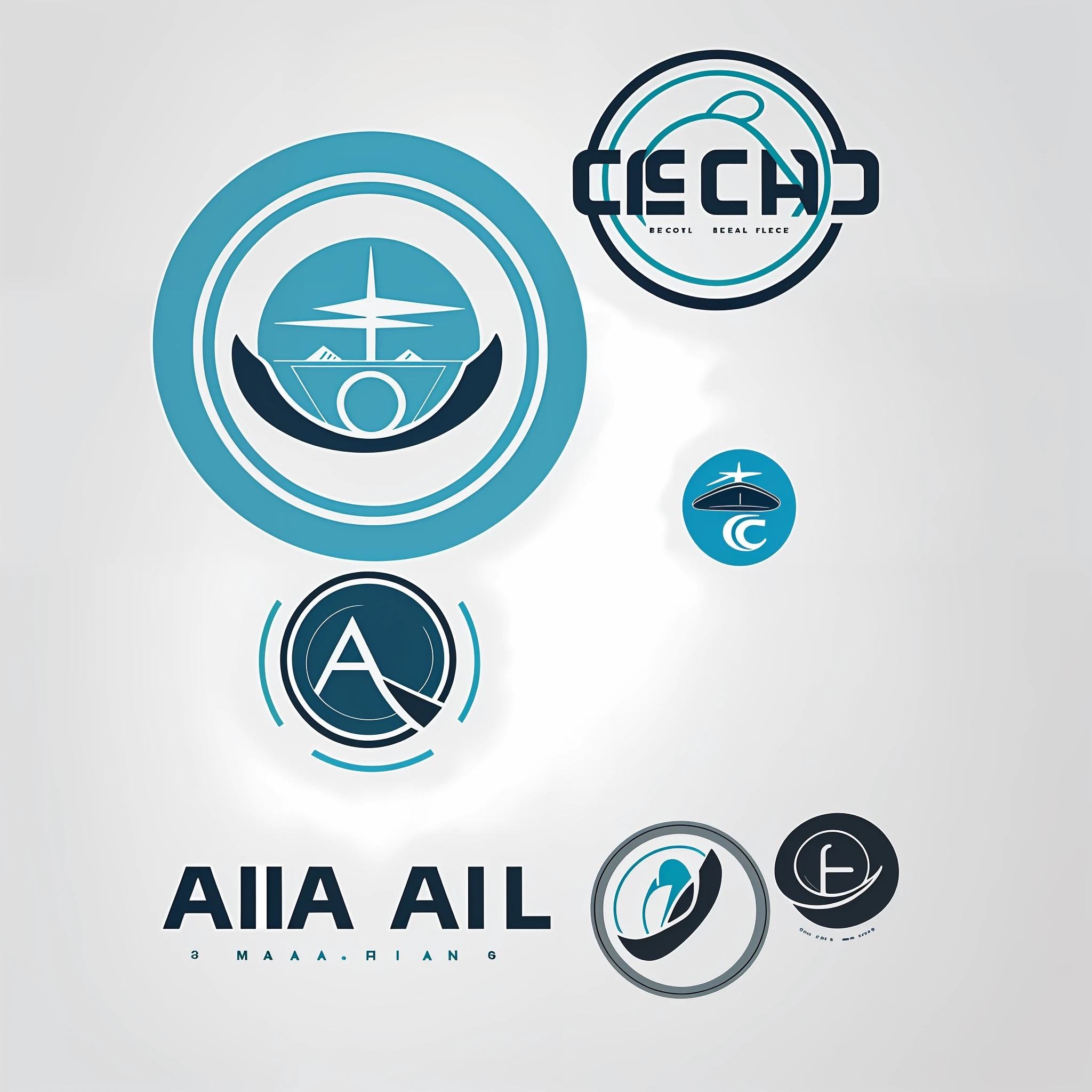 Simple logo design with letters "AI", sea, plane 2d, vector, round badge, company logo, flat, clean, simple, technical