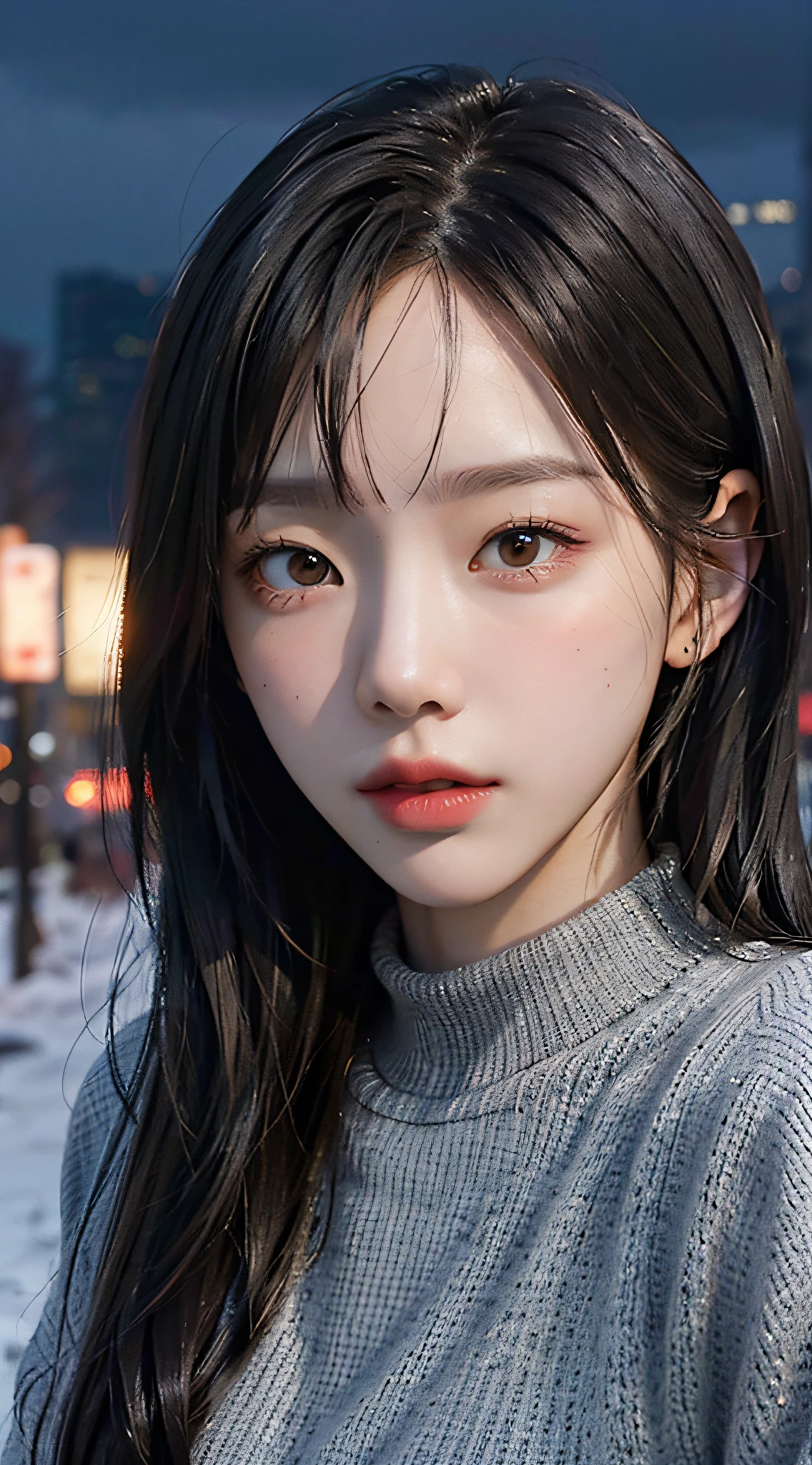 8k, new york, outdoors, crowded, cloudy sky, mature female, black hair, warm lighting, cinematic, photorealistic, high quality, highres, masterpiece, night, natural beauty, sensual look