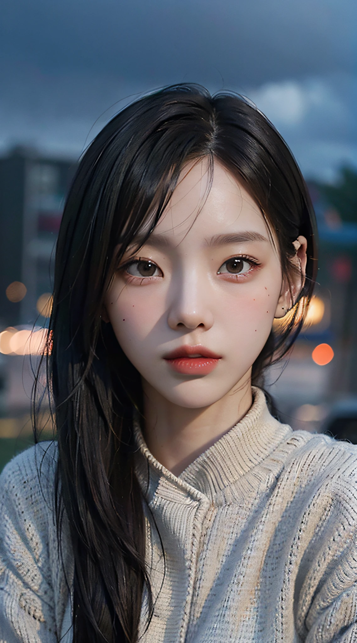8k, new york, outdoors, crowded, cloudy sky, mature female, black hair, warm lighting, cinematic, photorealistic, high quality, highres, masterpiece, night, natural beauty, sensual look