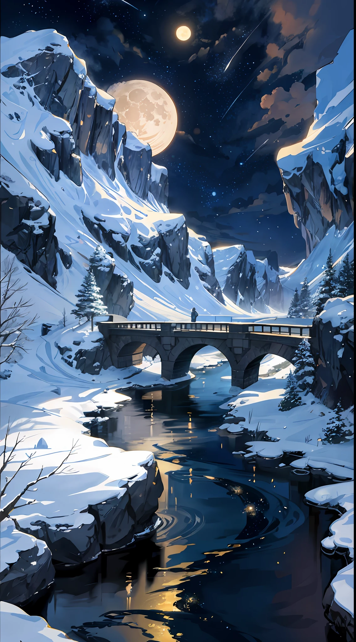 A painting of a river with stars and moon in the sky, concept art inspired by Tosa Mitsuoki, pixiv contest winner, best quality, fantasy art, beautiful anime scene, a bright moon, moonlit starry environment, dream painting, Anime Background Art, Fantasy Landscape Art, Fantasy Night, Anime Background, Background Artwork, Fantastic Art, Atmospheric Anime, Starry Sky, Detail Enhanced.