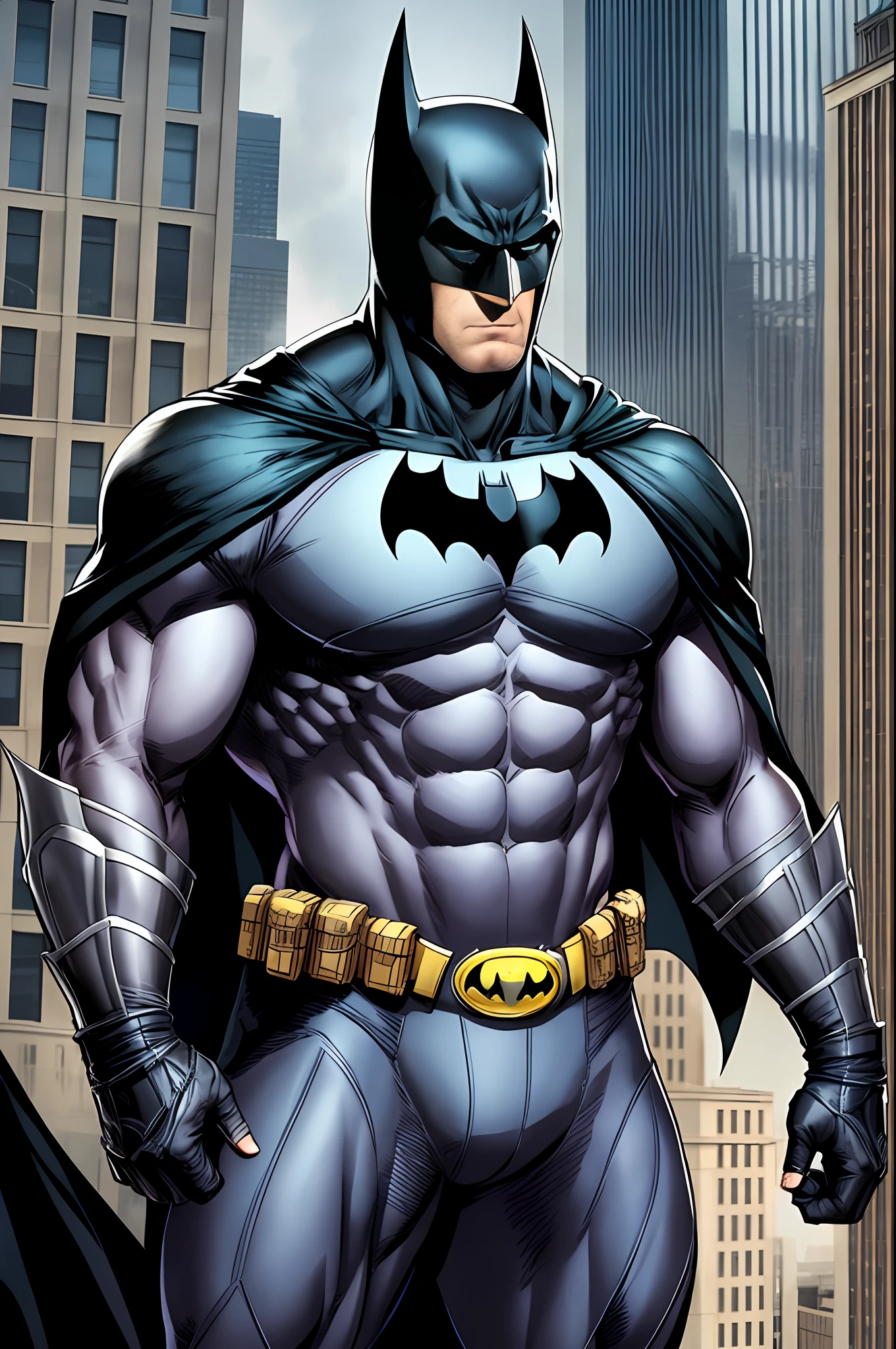 Batman standing on top of a building in Gotham city, muscular, macho, manly, hunk, black suit and black cowl, black long cape, straight face, detailed suit, detailed face, comic book, center subject focus